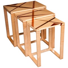 Set of Rectilinear Inlaid Maple and Exotic Wood Expressionistic Nested Tables