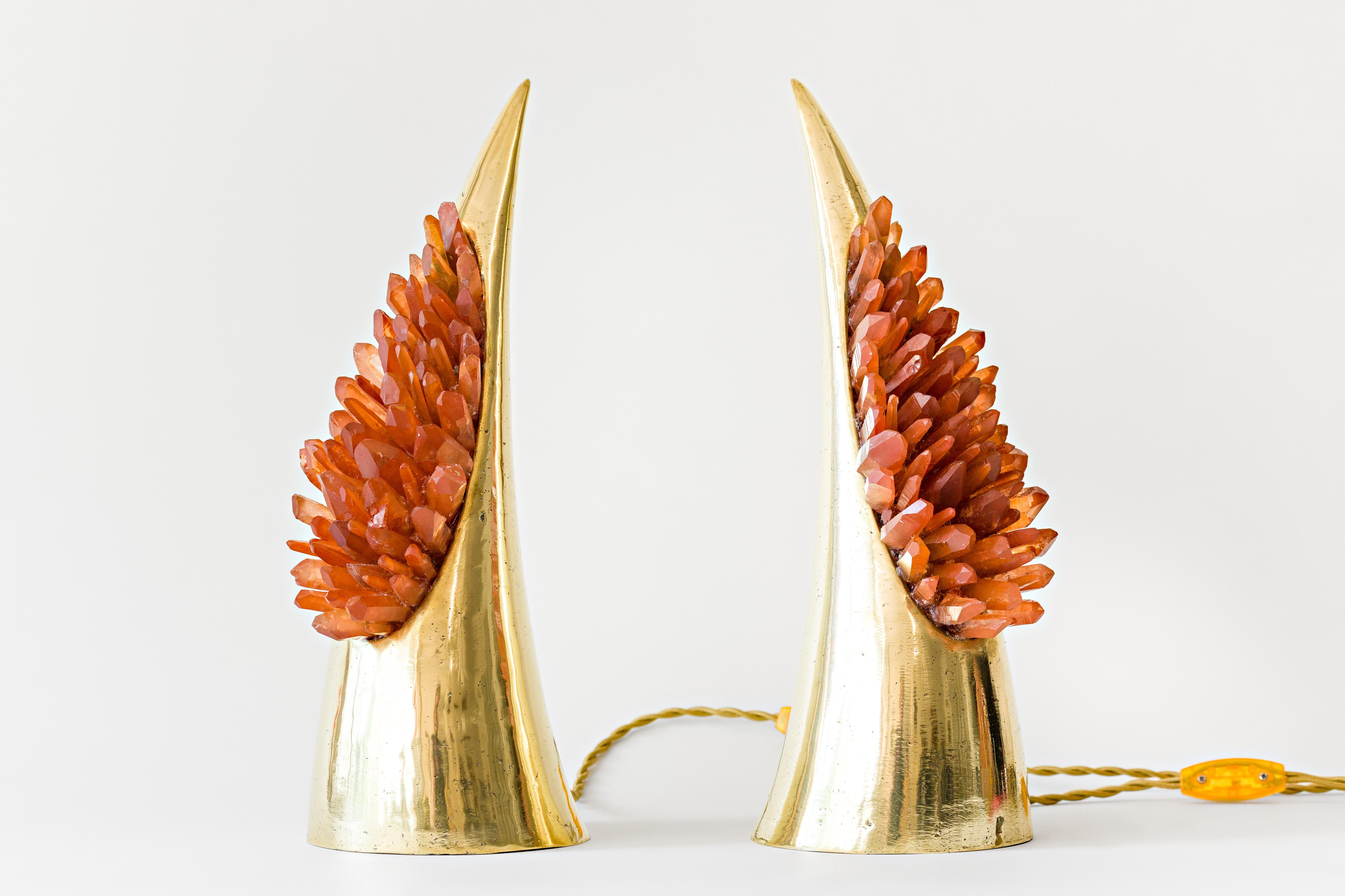 Set of Red Aurea table lamp Demian Quincke
Dimensions: 16 Ø x H 40 cm
Materials: Casted Brass, unique red natural quartz points.

Like an eruption of red strength blooming from an organic form. The form has some
remainder of a horn or a