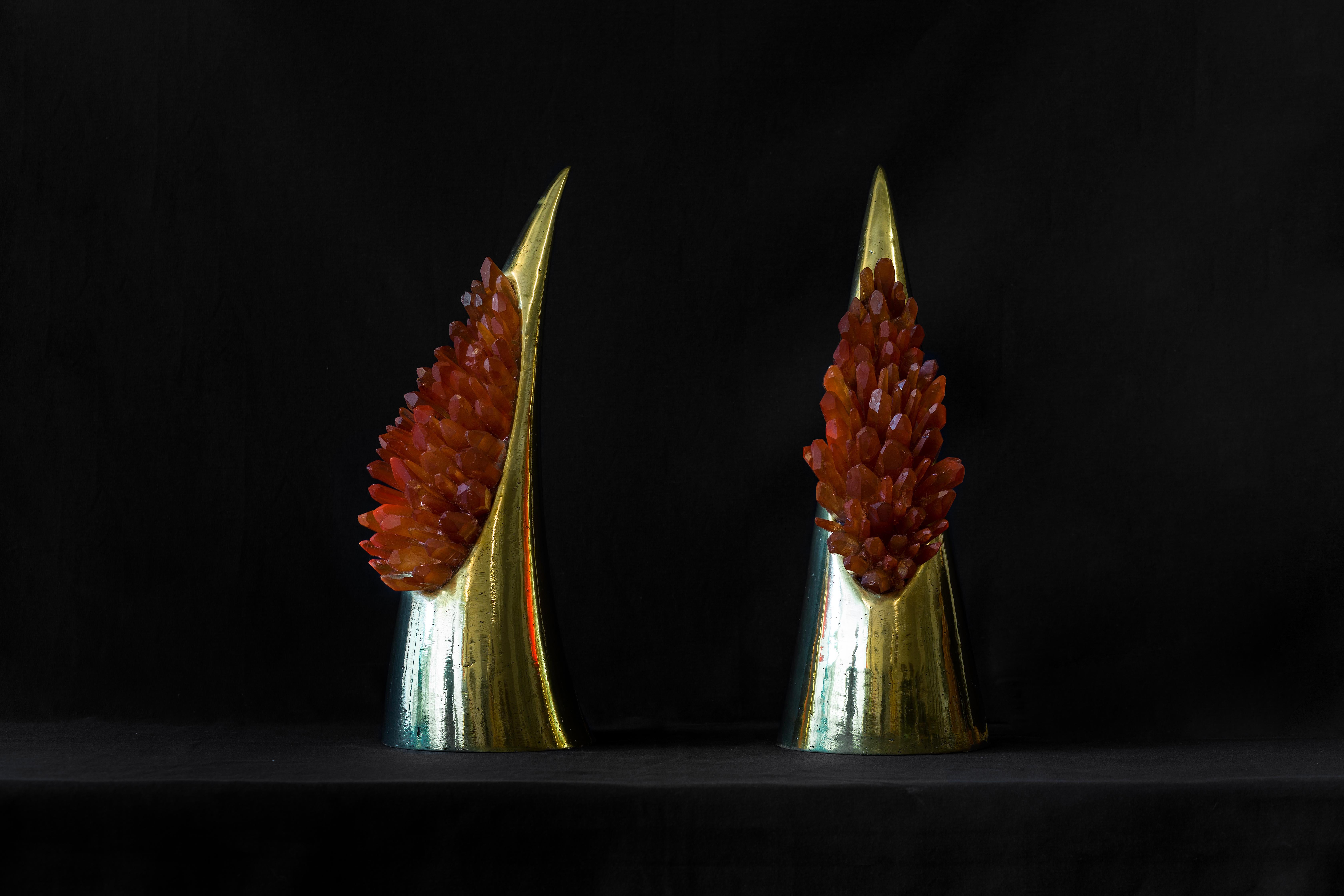 Brass Set of Red Aurea Table Lamp Demian Quincke