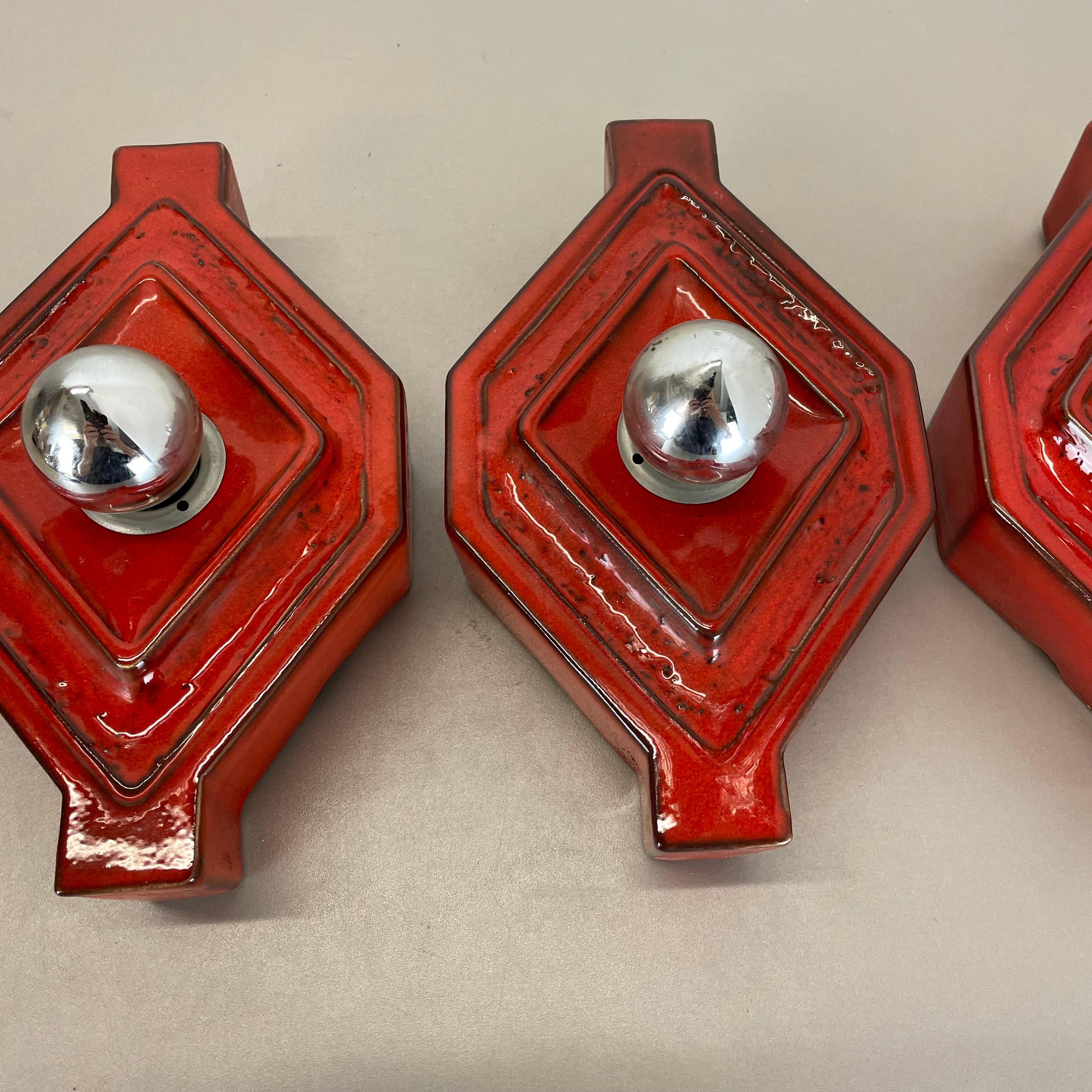 Set of RED Cubic Ceramic Fat Lava Wall Lights by Pan Ceramics Germany 1970 For Sale 6