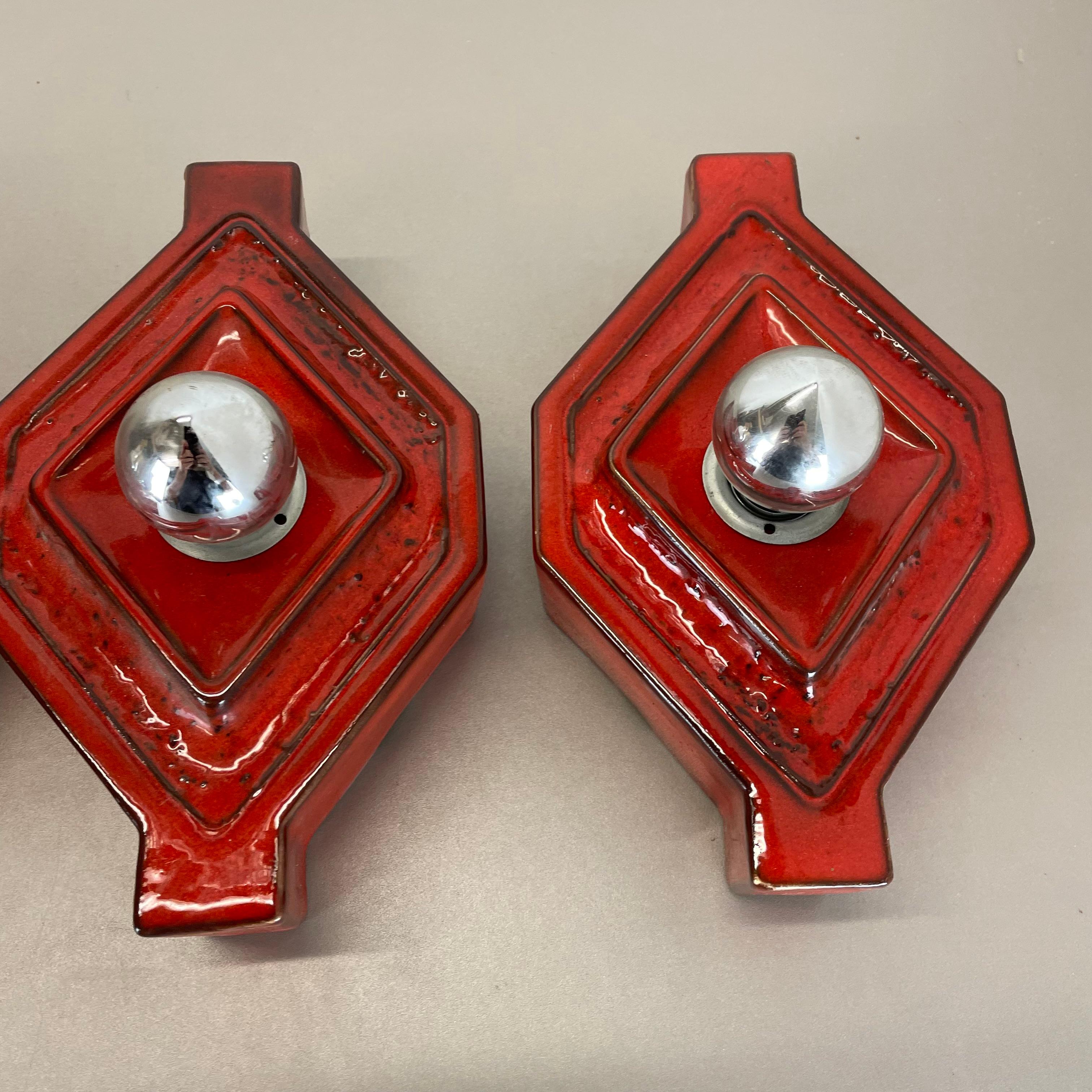 Set of RED Cubic Ceramic Fat Lava Wall Lights by Pan Ceramics Germany 1970 For Sale 7