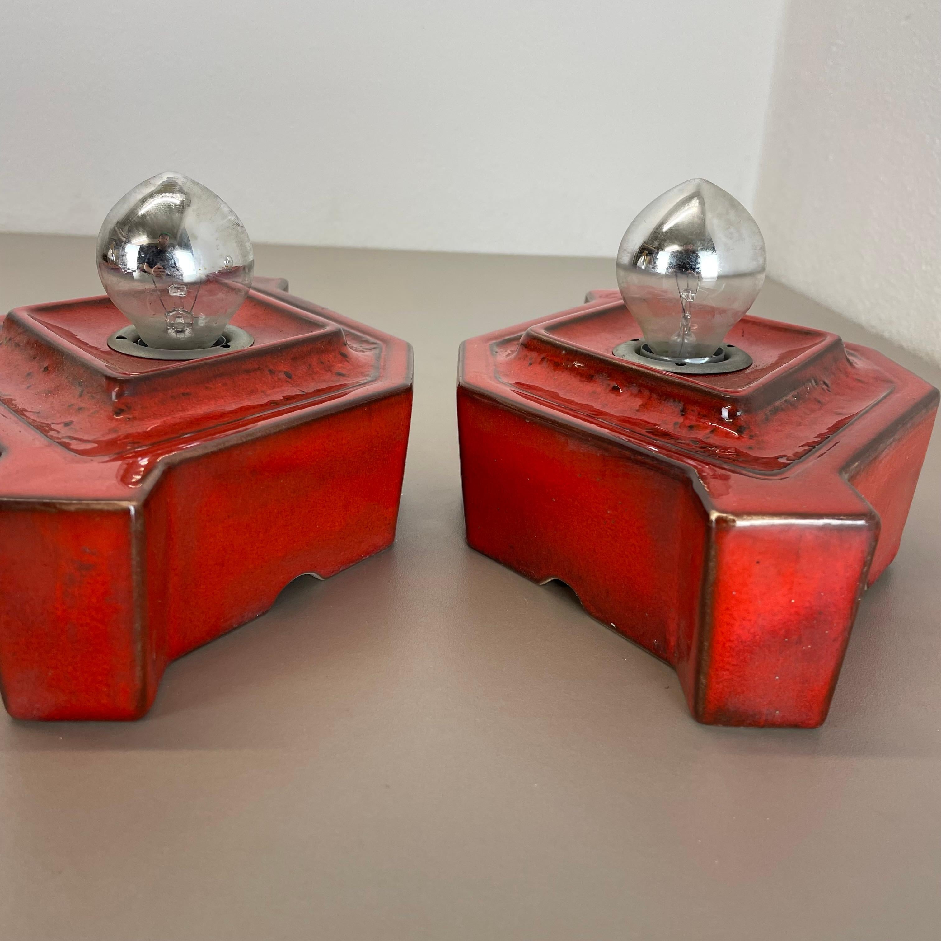 Set of RED Cubic Ceramic Fat Lava Wall Lights by Pan Ceramics Germany 1970 For Sale 9