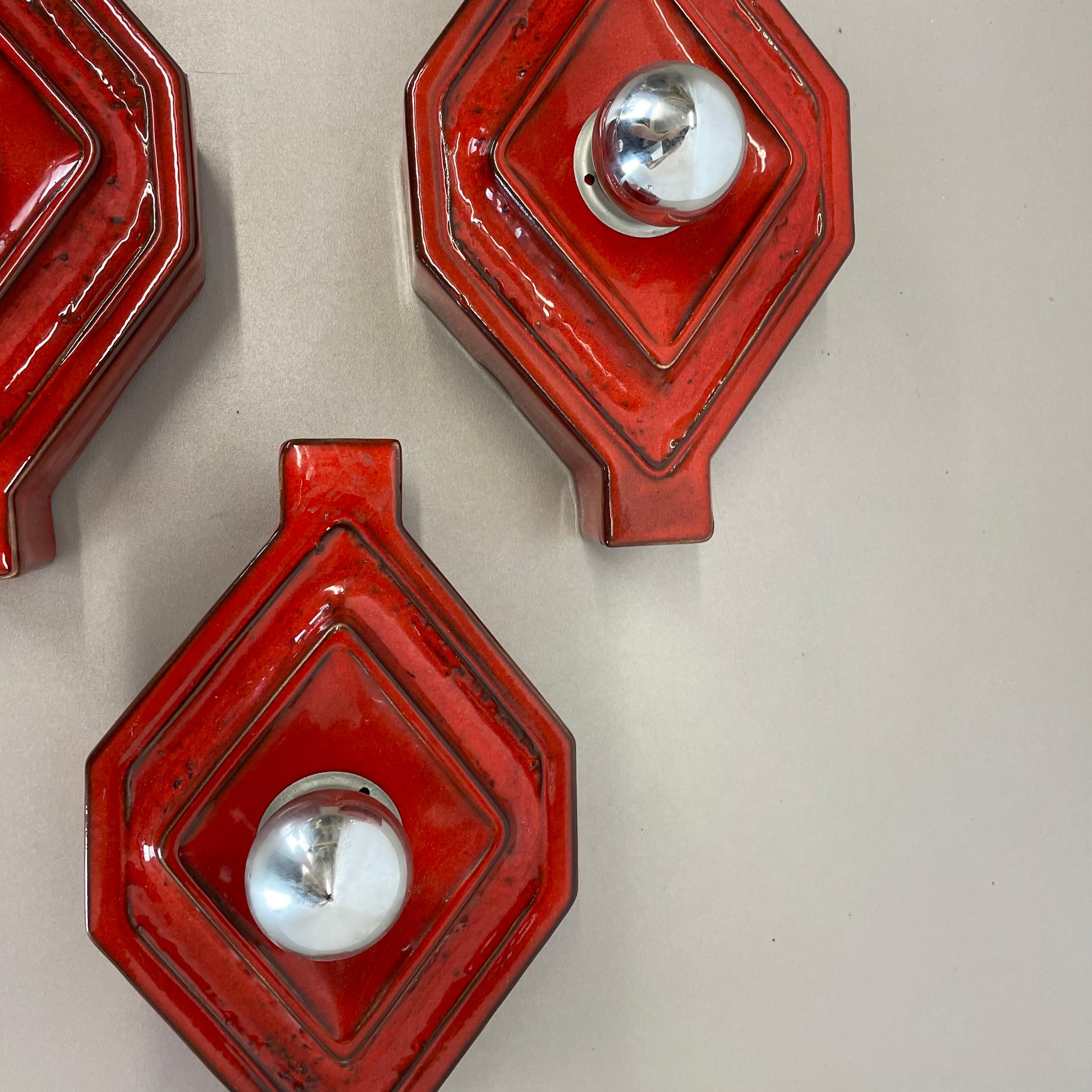 Metal Set of RED Cubic Ceramic Fat Lava Wall Lights by Pan Ceramics Germany 1970 For Sale