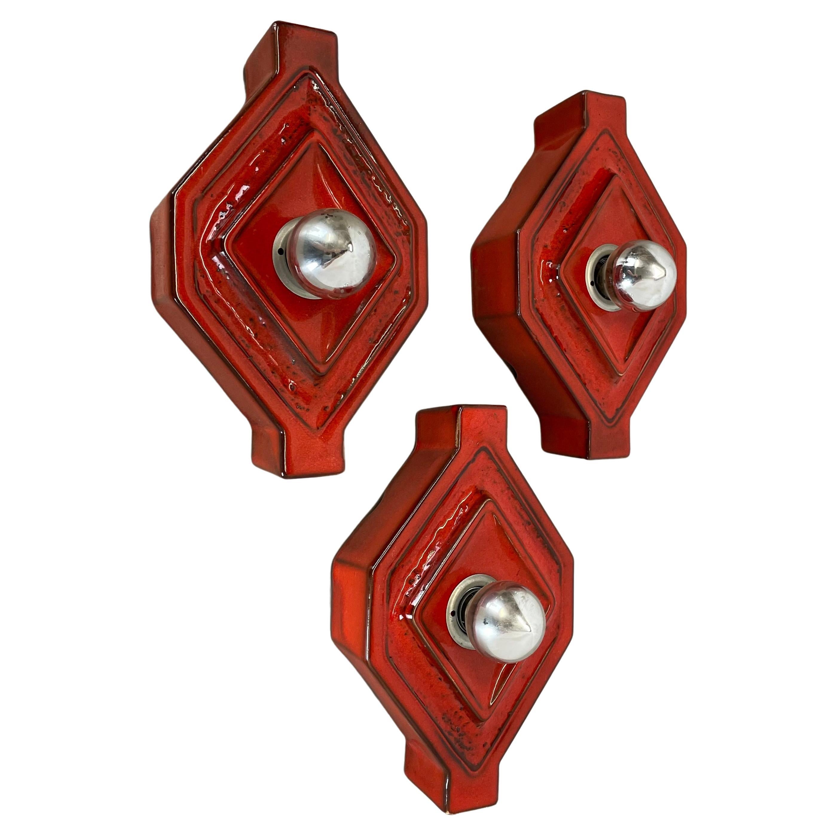 Set of RED Cubic Ceramic Fat Lava Wall Lights by Pan Ceramics Germany 1970 For Sale