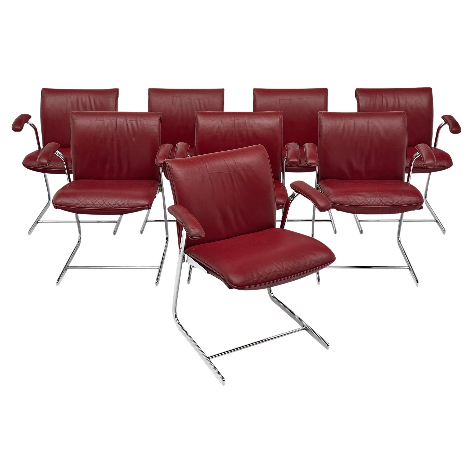 Set of Red Leather and Chrome Armchairs For Sale