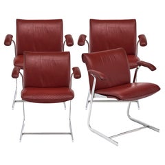Set of Red Leather and Chrome Armchairs