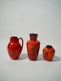 Set of Red West German Fat Lava Ceramic Vases by Scheurich, WG, 1960s