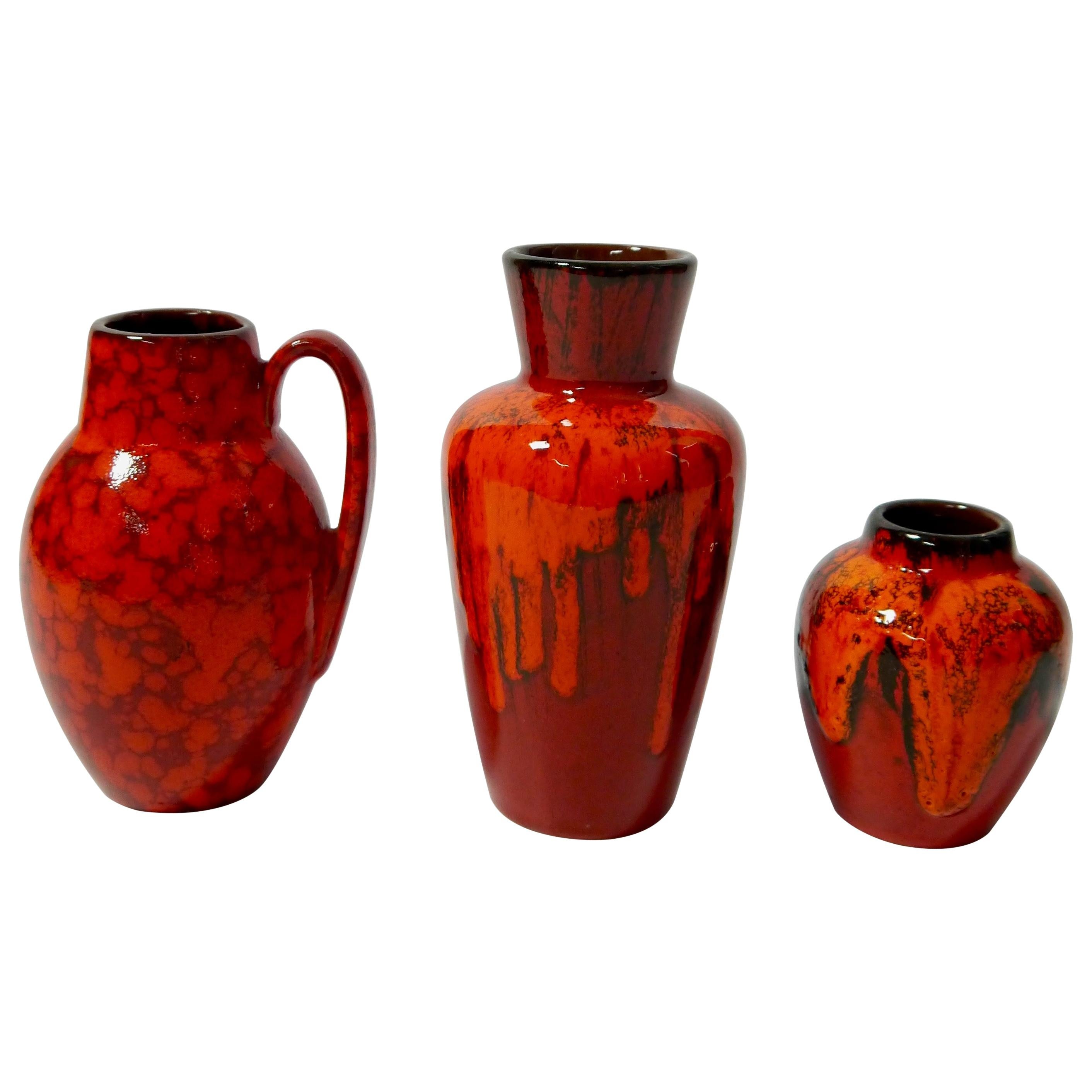 Set of Red West German Fat Lava Ceramic Vases by Scheurich, WG, 1960s