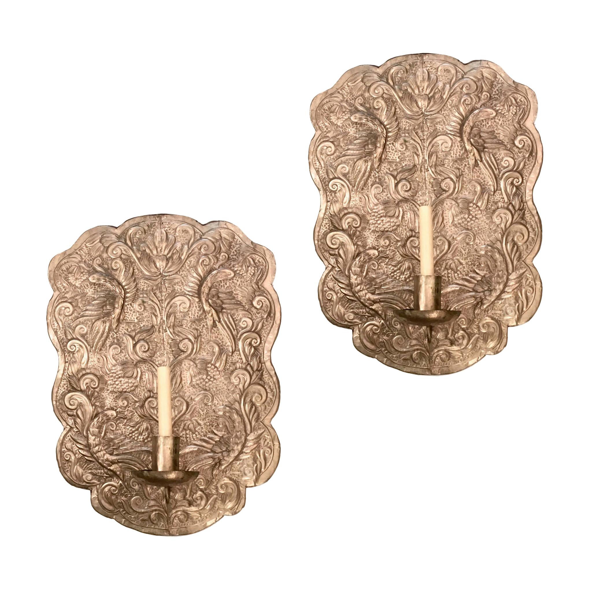 Set of Repousse' Silver-Plated Sconces, Sold in Pairs