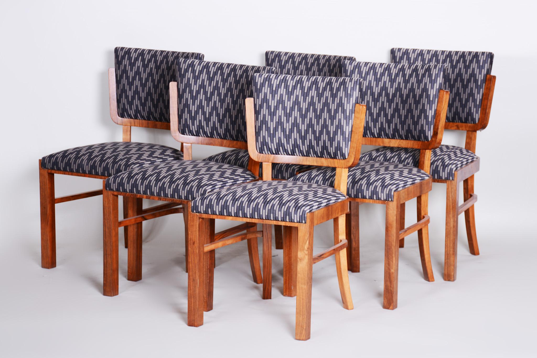 French Set of Restored Art Deco Walnut Chairs, 6 Pieces, France, New Upholstery, 1930s