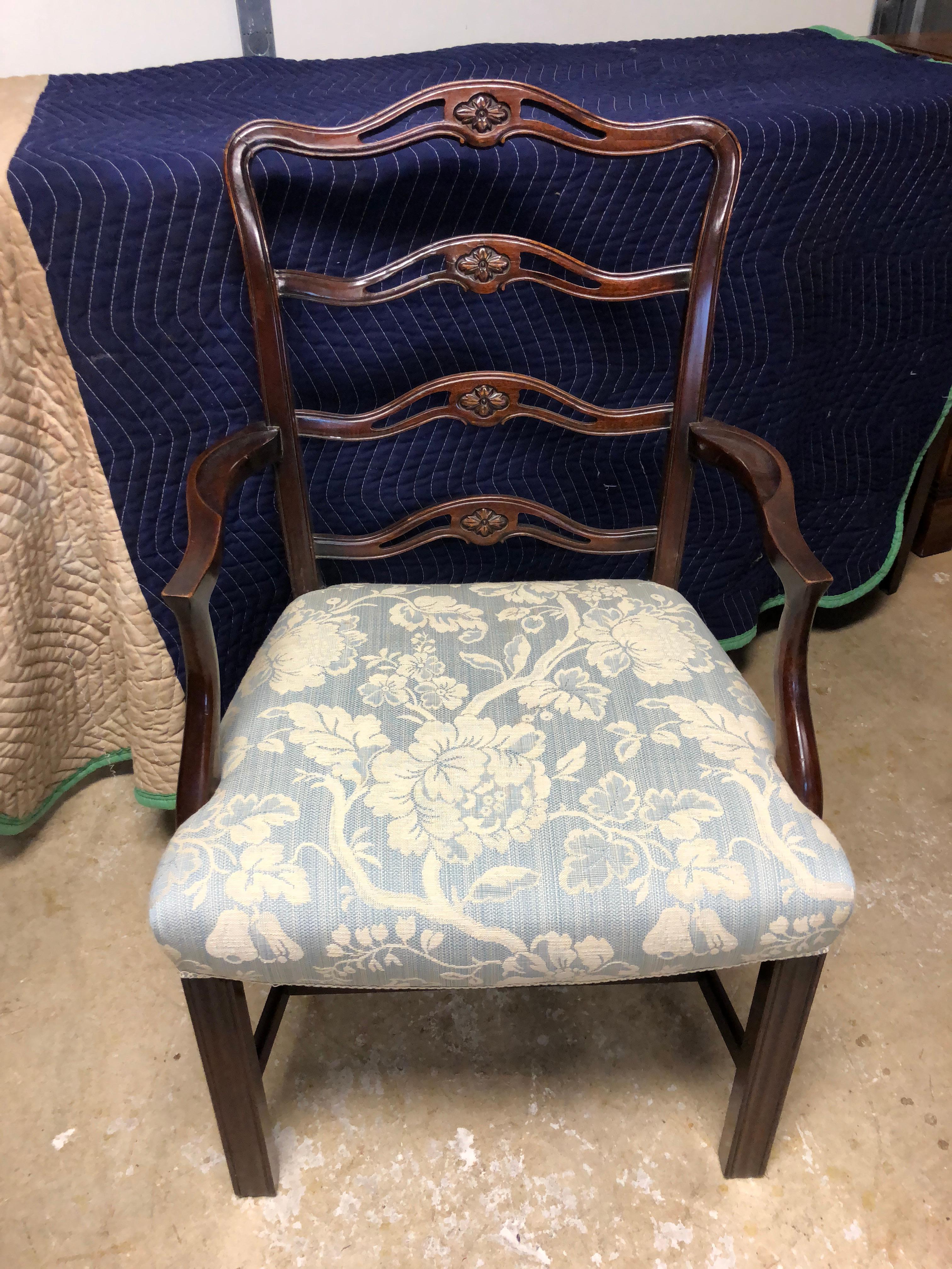 20th Century Set of 8 Mahogany Chippendale Style Ribbon Back Dining Chairs, Fabric Seats For Sale