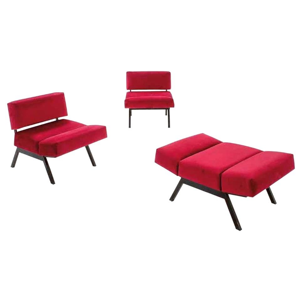 Set of Rito Valla Armchairs, IPE Brevetti, Italian Design 1960 Red Velvet