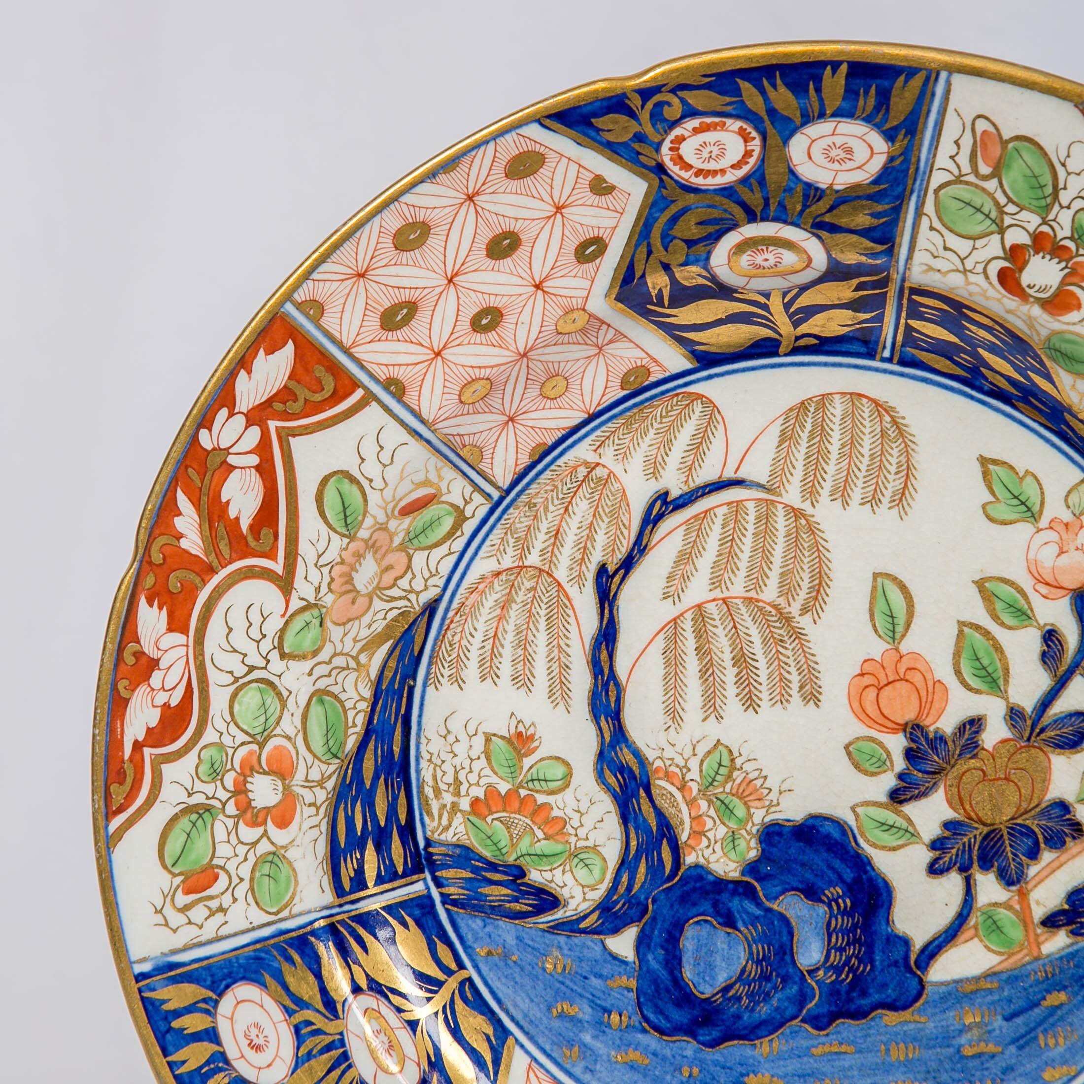 Hand-Painted Set of Rock and Tree-Pattern Dinner Plates Made in England, circa 1820
