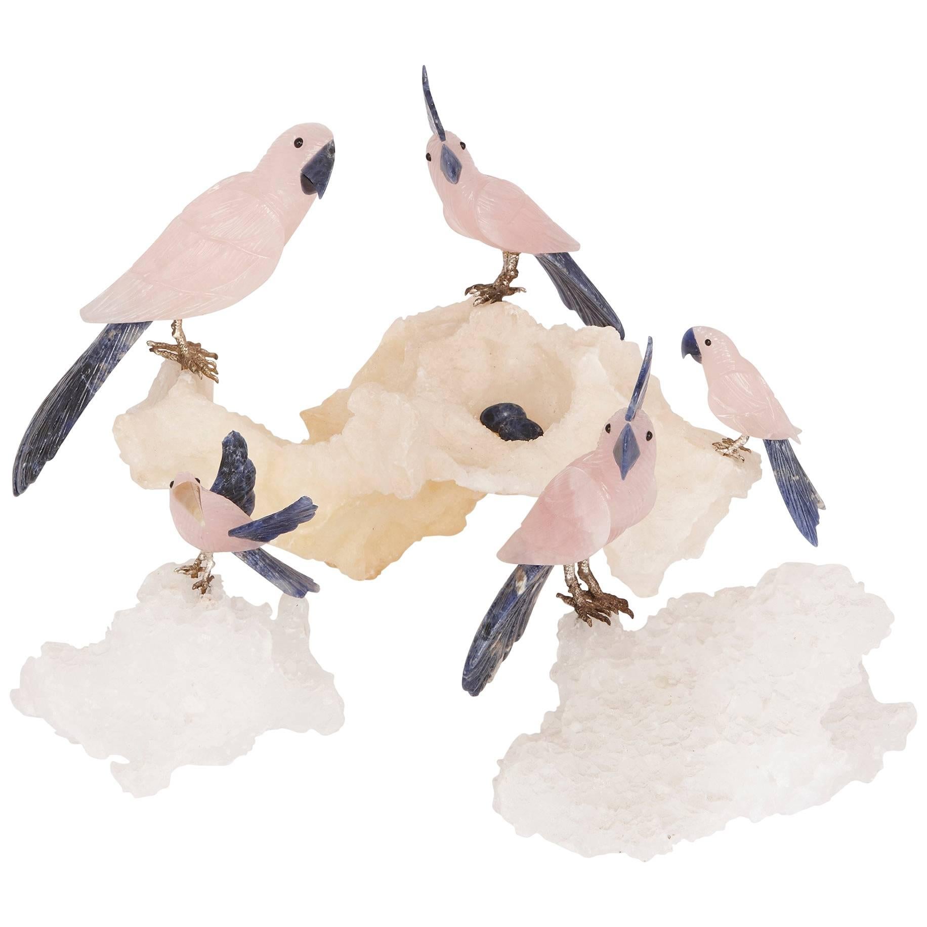 Set of Rosequartz, Silver and Mineral Specimen Bird Figures