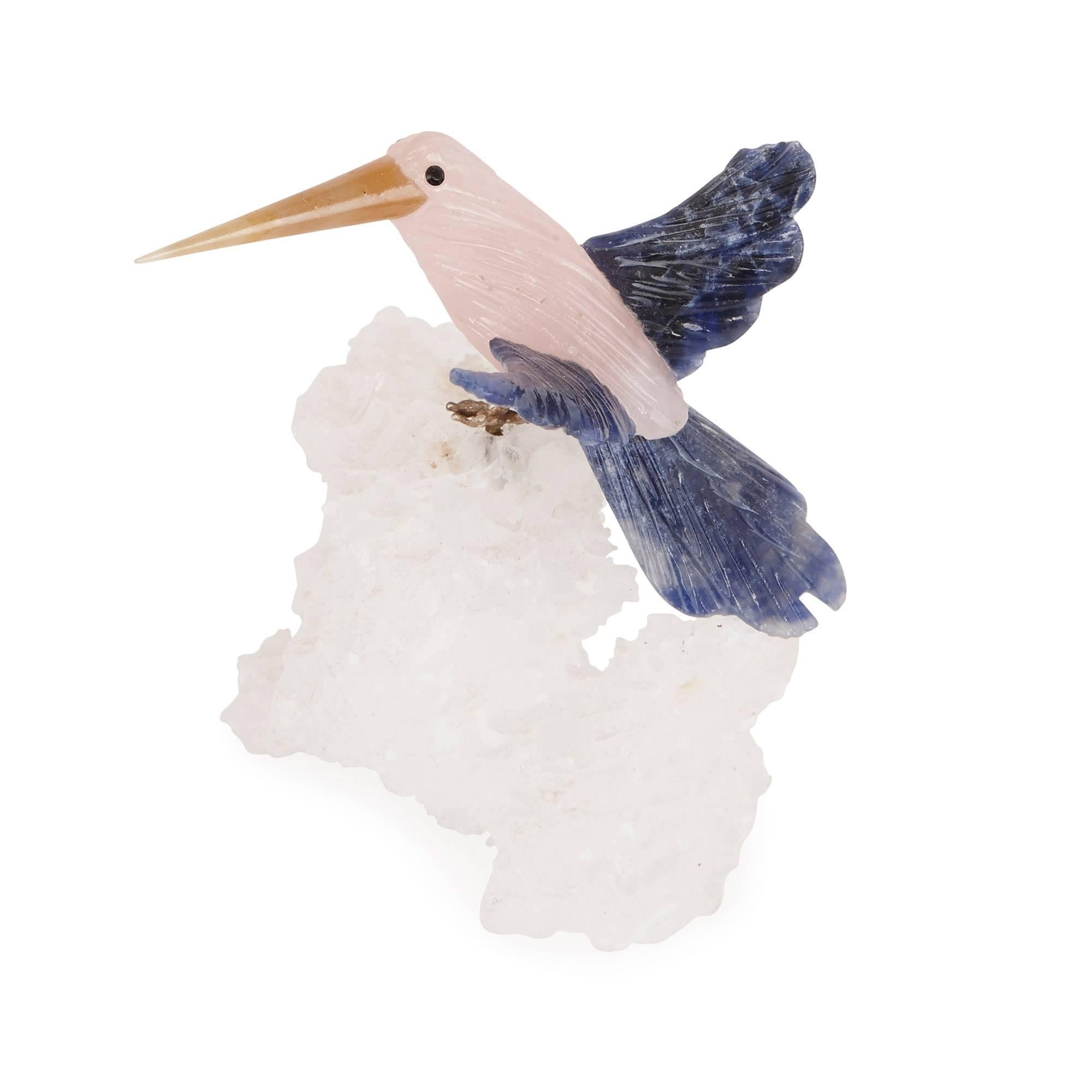 Set of Rosequartz, Silver and Mineral Specimen Bird Figures In Excellent Condition In London, GB