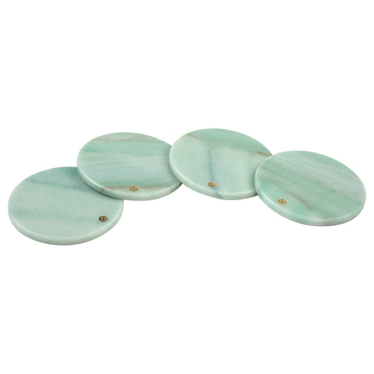 Coasters Set of 4 Cocktail Green Quartzite Marble Handmade Italy Collectible For Sale