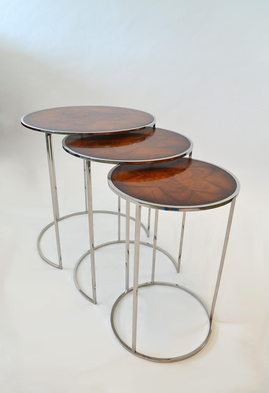 Modern Set of Round Nesting or Stacking Tables in Exotic Burlwood and Chrome