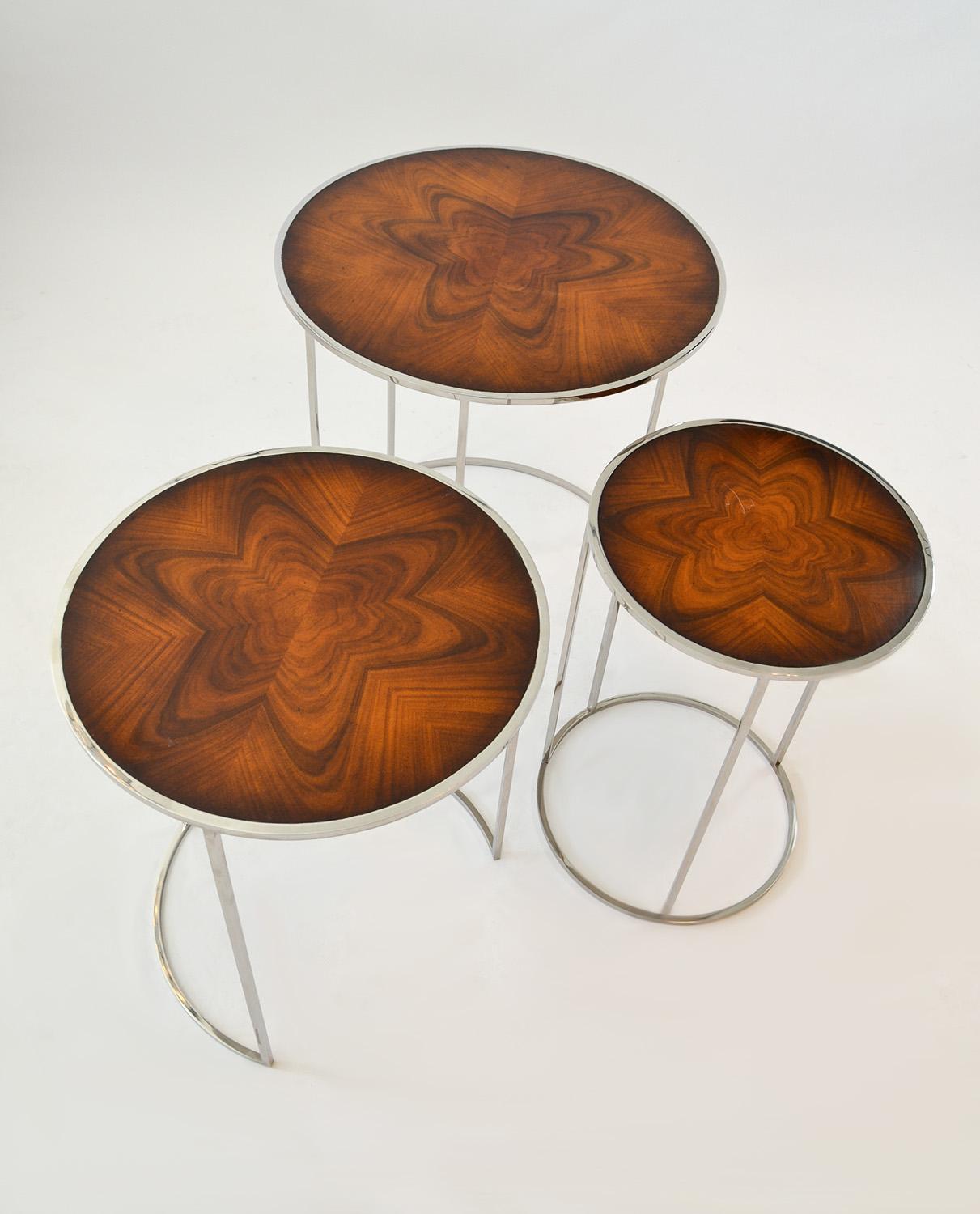 Philippine Set of Round Nesting or Stacking Tables in Exotic Burlwood and Chrome
