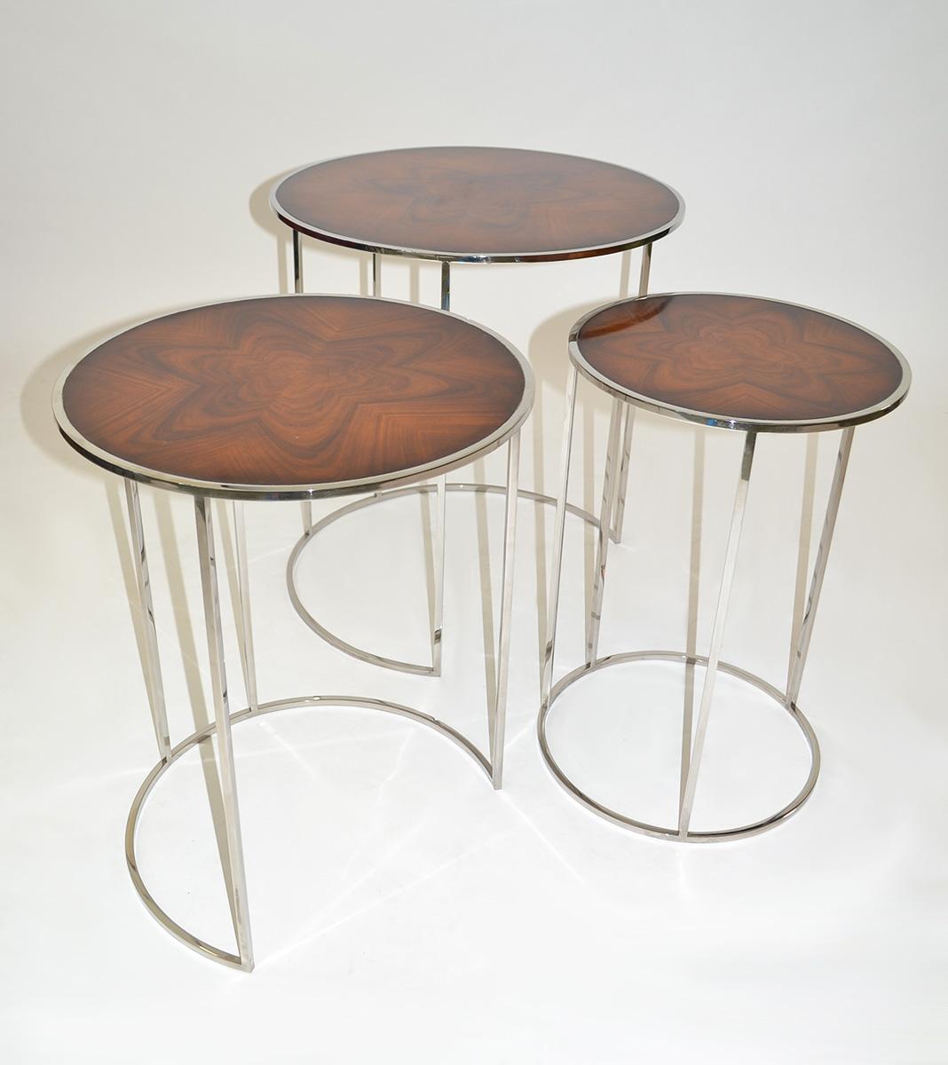 Set of Round Nesting or Stacking Tables in Exotic Burlwood and Chrome 1