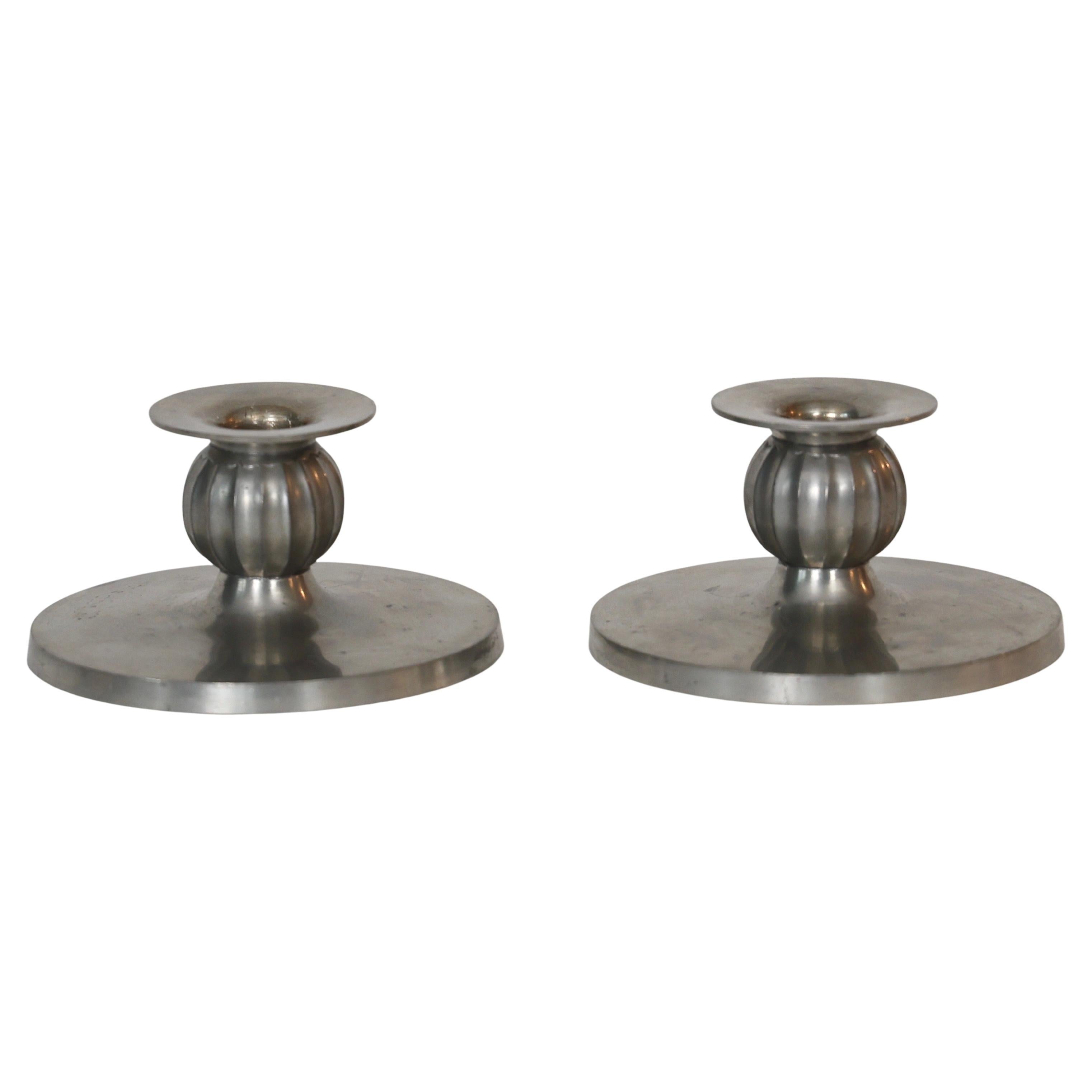 Set of Round Pewter Candlesticks by Just Andersen, 1930s, Denmark