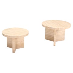 Set of Round Travertine Coffee Tables / End Tables, Italy, 1970s