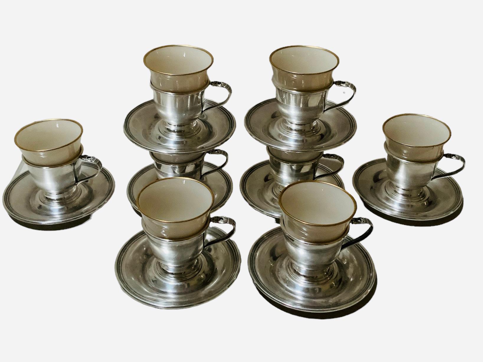 Sterling Silver Set of Royal Danish U.S.A.International Sterling Cup Holders, Saucers And Liners For Sale