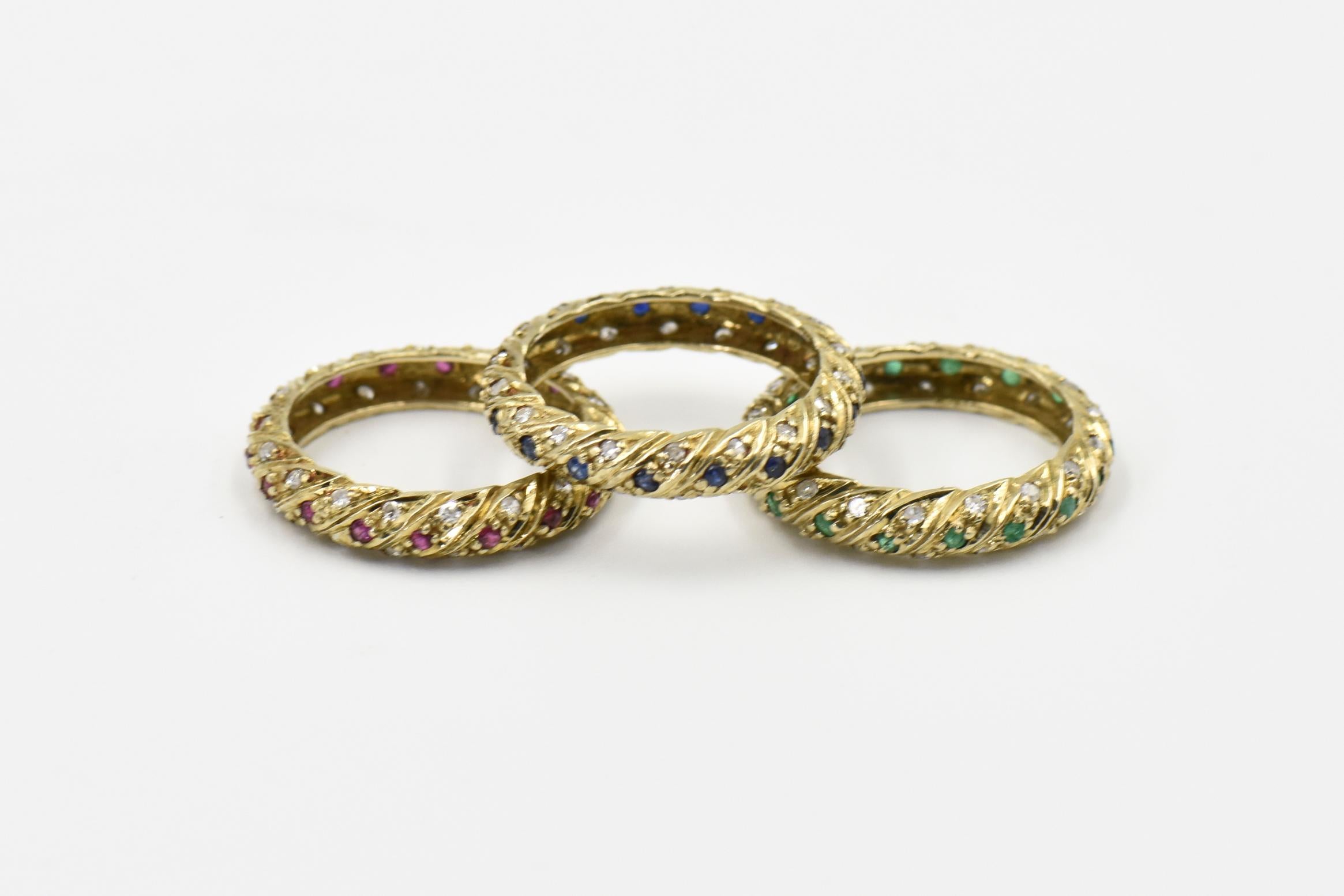 Set of Ruby Emerald Sapphire Stacking Gold Bands with Diamonds For Sale 3