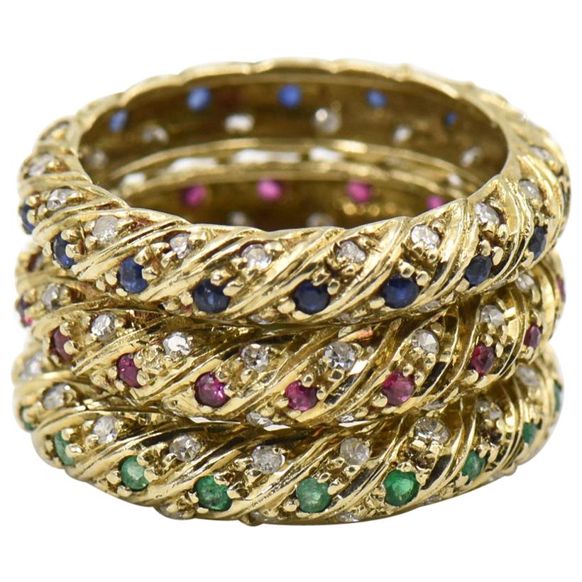 Set of Ruby Emerald Sapphire Stacking Gold Bands with Diamonds For Sale