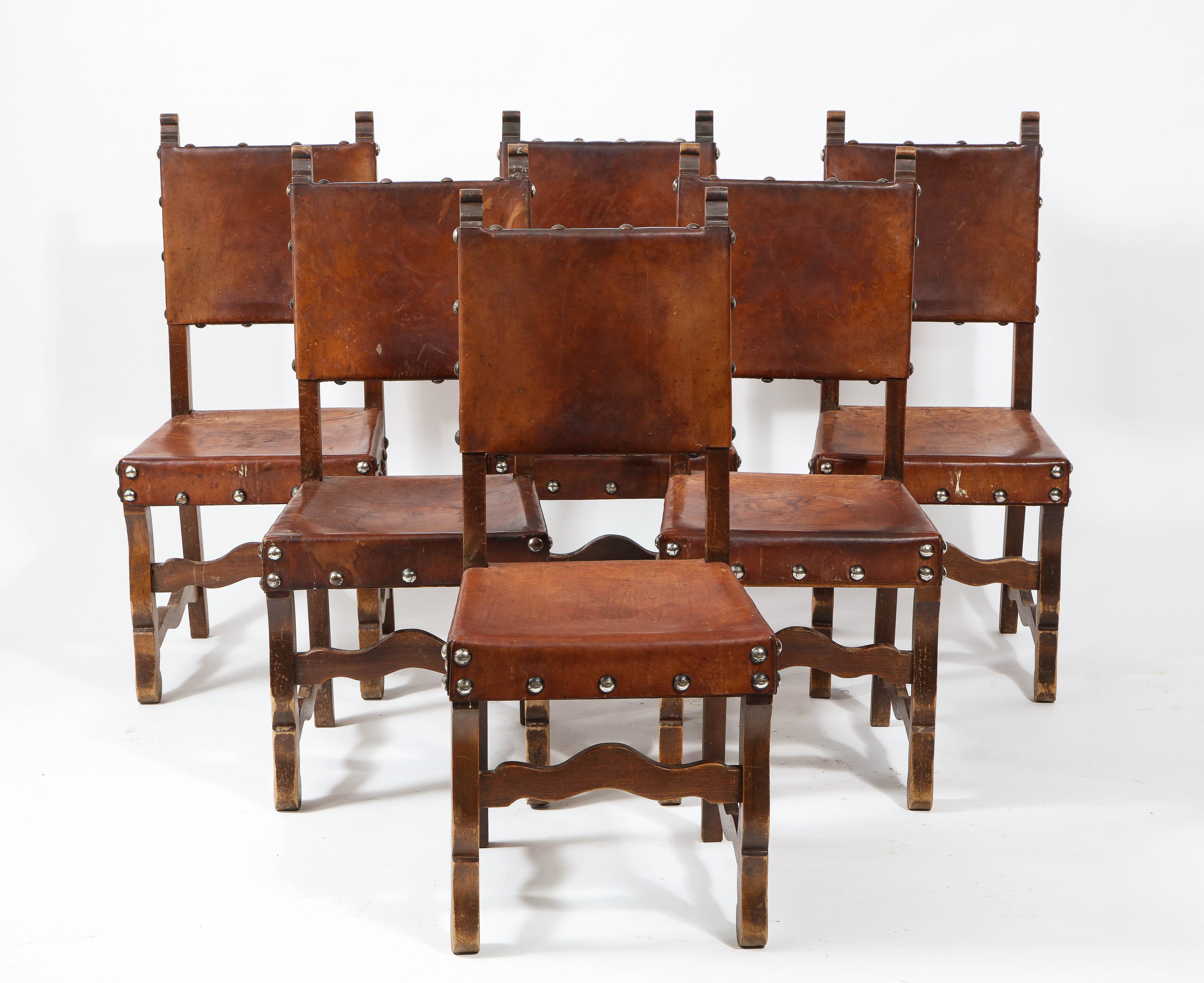 Set of Rustic Leather & Elm Dining Chairs, Spain, 1960's 6