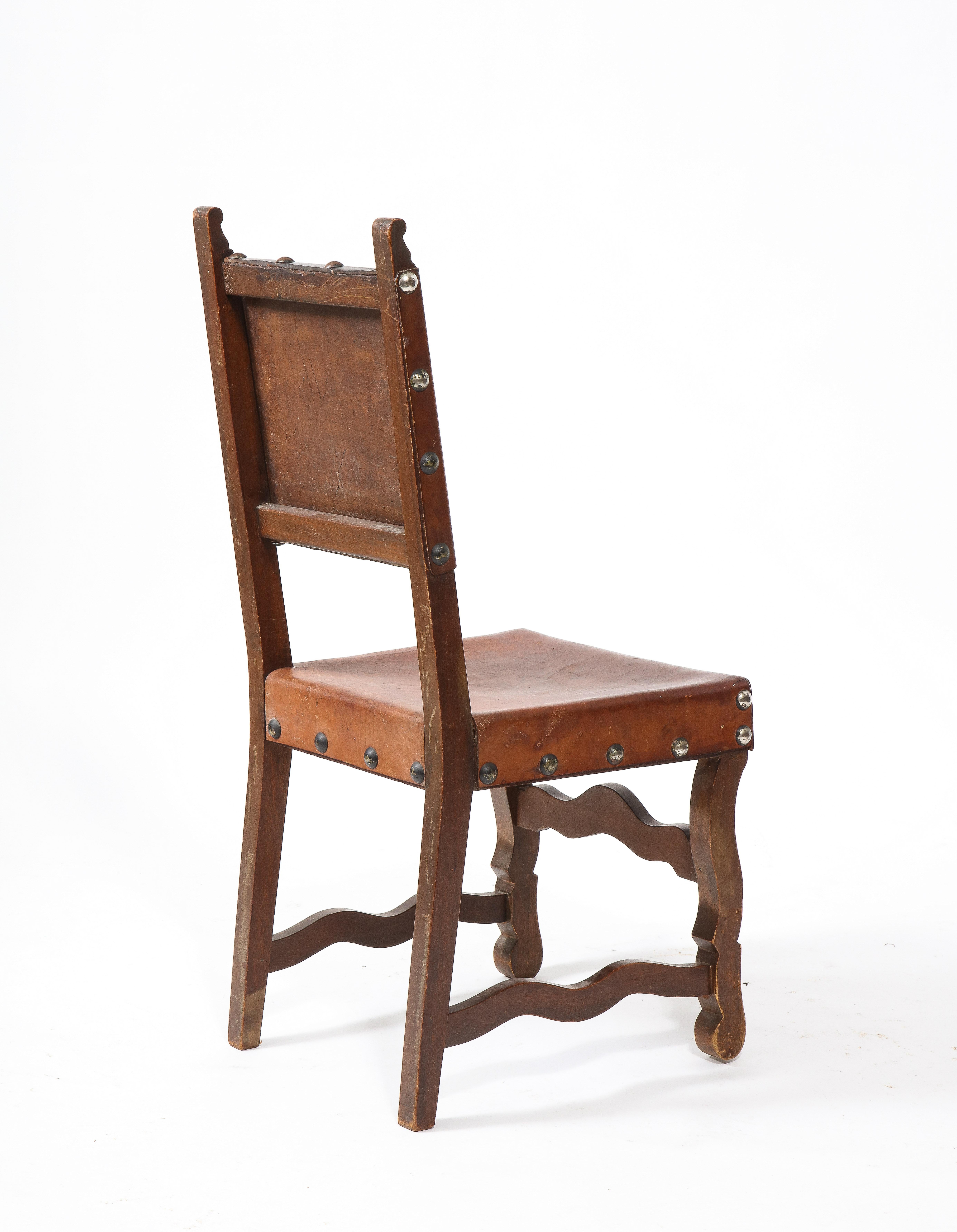 20th Century Set of Rustic Leather & Elm Dining Chairs, Spain, 1960's