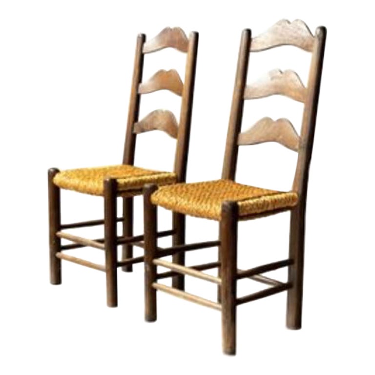 Set of Rustic Straw Side Chairs in the style of Perriand, France, 1950s For Sale