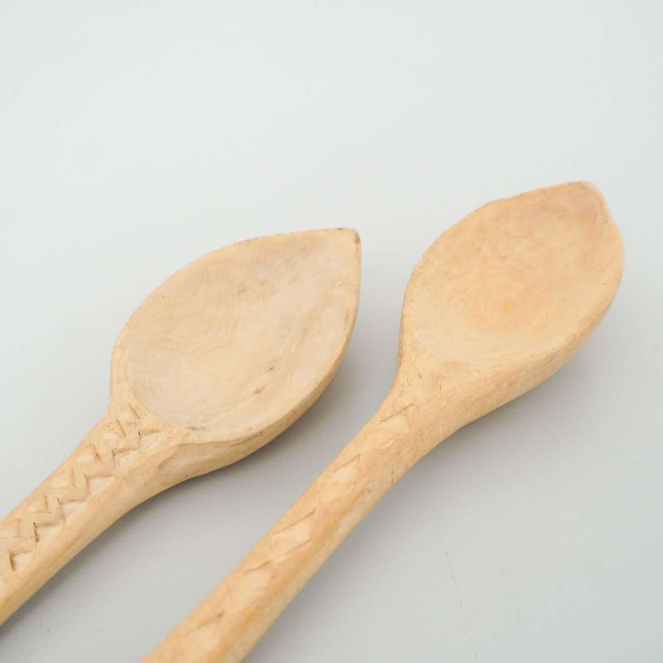 Hand-Carved Set of Rustic Traditional Hand Carved Forks and Spoons, circa 1950 For Sale