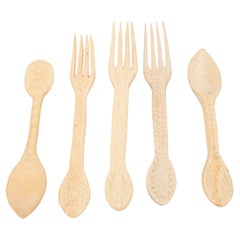 Retro Set of Rustic Traditional Hand Carved Forks and Spoons, circa 1950