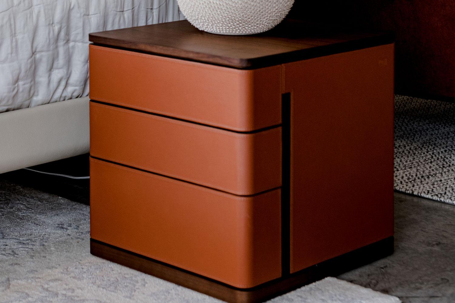Modern Set of Saddle Leather + Wood Covered Bedside Tables, Poltrona Frau