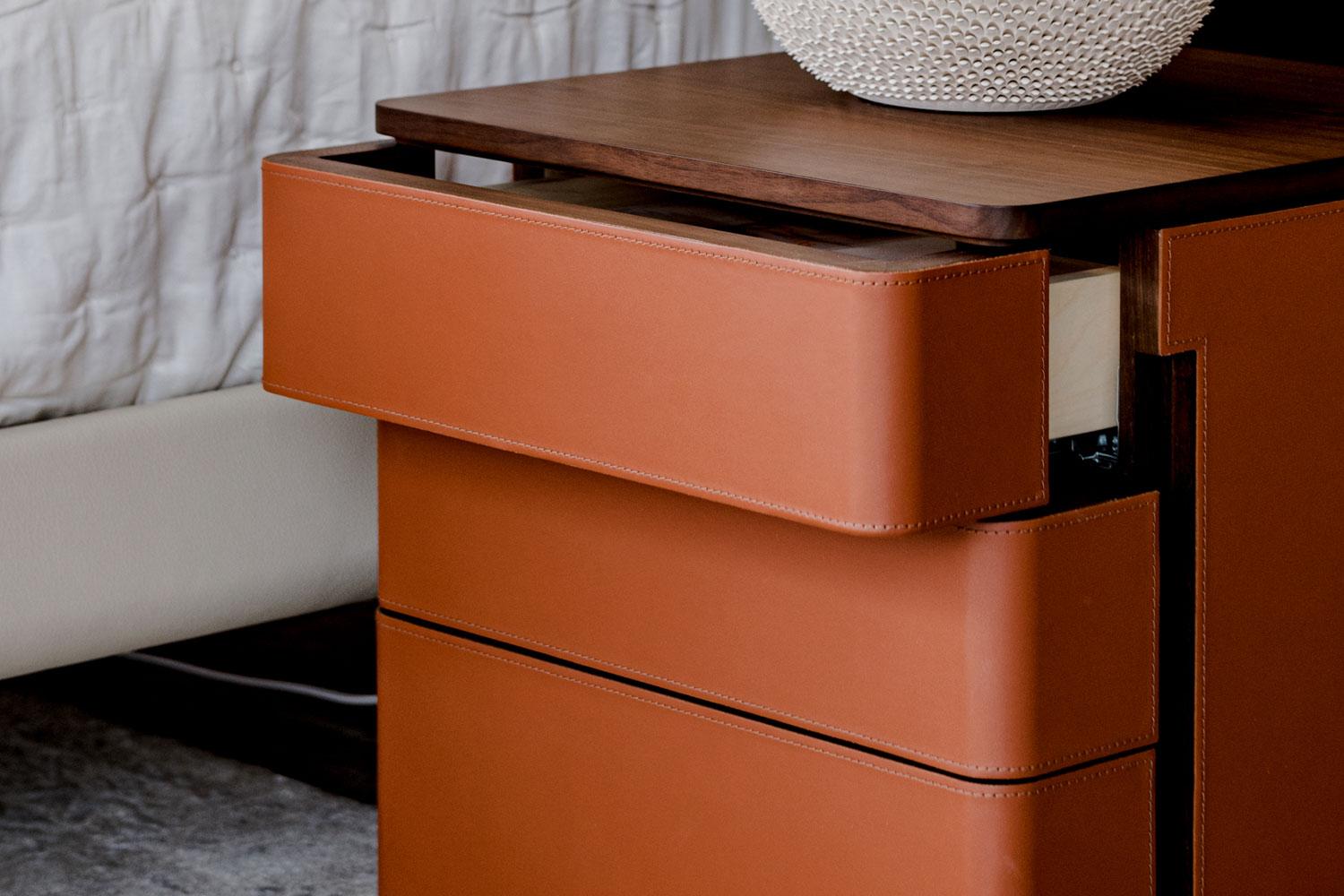 Italian Set of Saddle Leather + Wood Covered Bedside Tables, Poltrona Frau