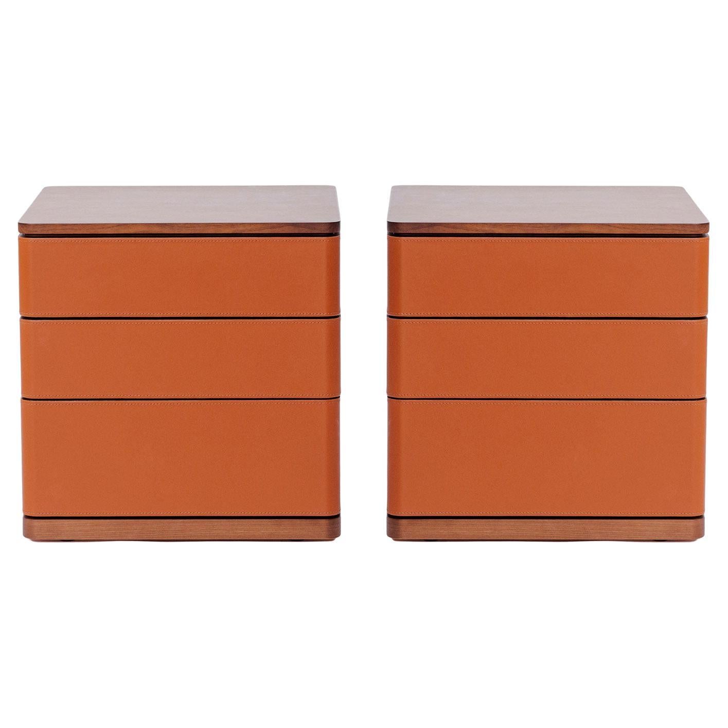 Set of Saddle Leather + Wood Covered Bedside Tables, Poltrona Frau