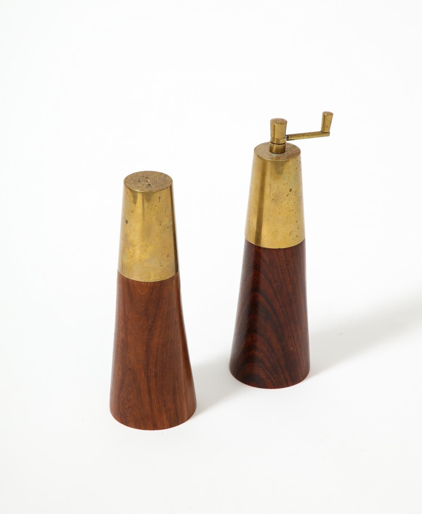 Rosewood and Brass salt Shaker and Pepper Mill, Italy

