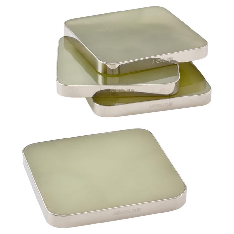 Set of Salta Square Coasters, Alpaca Silver & Green  Natural Onyx Stone For Sale
