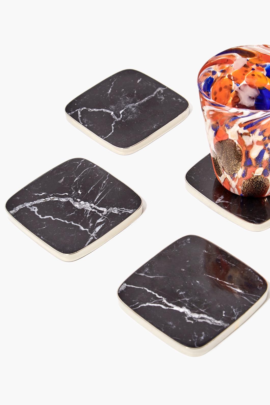 Organic Modern Set of Salta Square Coasters, Alpaca Silver &  Natural Onyx Stone For Sale