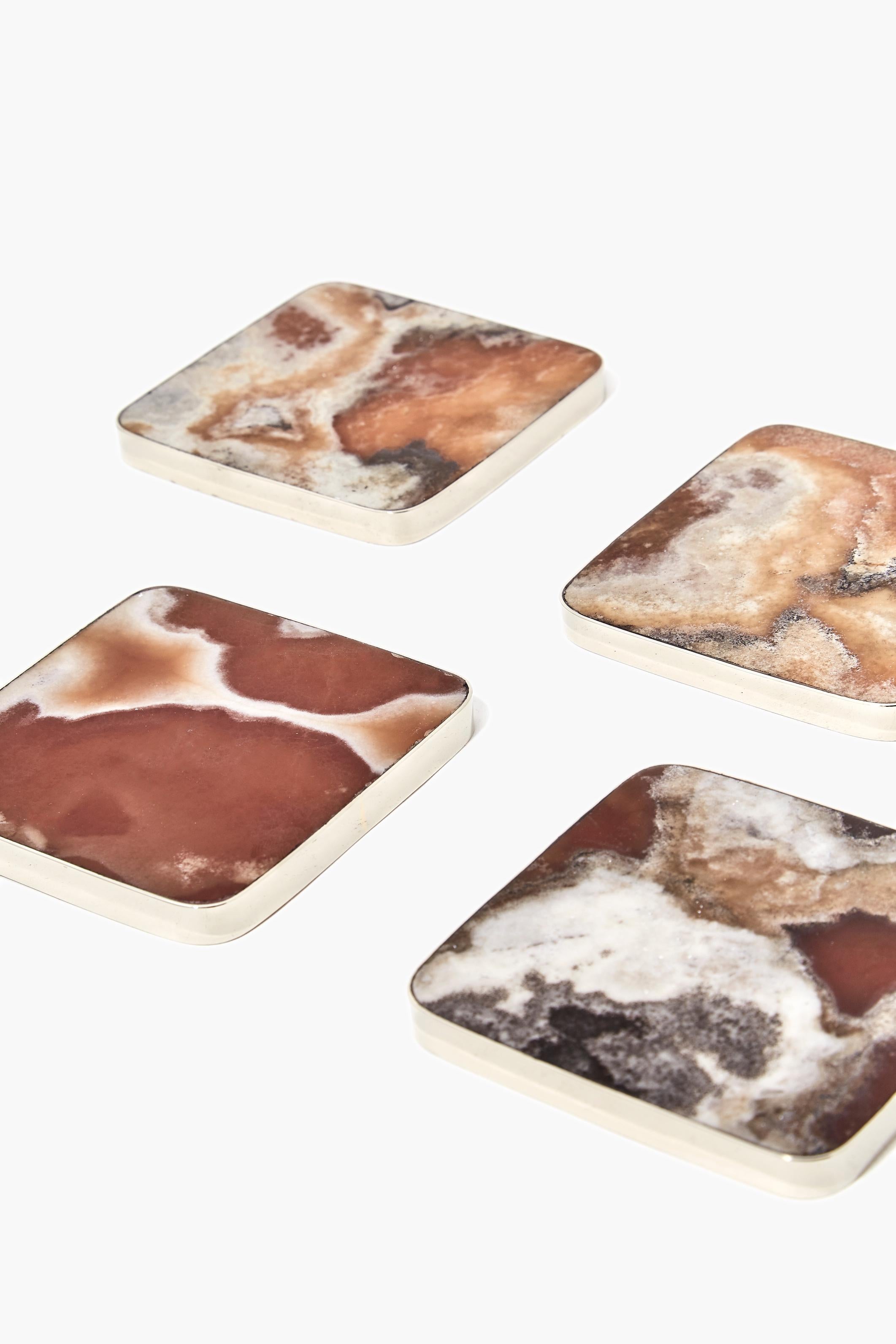 Hand-Crafted Set of Salta Square Coasters, Alpaca Silver &  Natural Onyx Stone For Sale