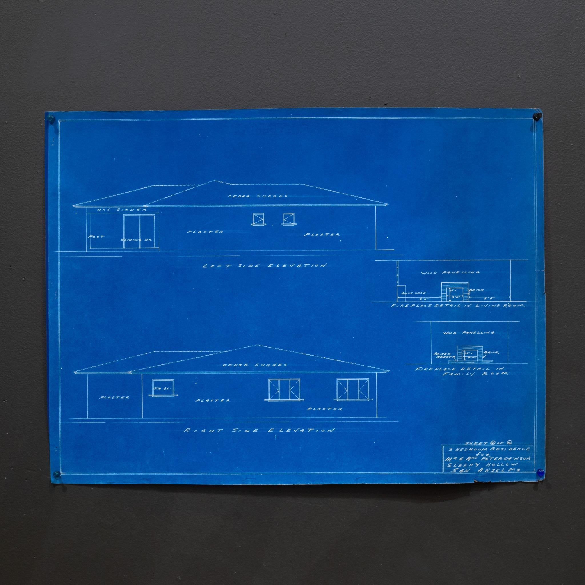 ABOUT

A set of four blue prints for a 3 bedroom residence in Sleepy Hollow, San Enselmo, California.

Sold as a set only.

    CREATOR Unknown.
    DATE OF MANUFACTURE c.1952.
    MATERIALS AND TECHNIQUES Blue Print Paper.
    CONDITION Good. Wear