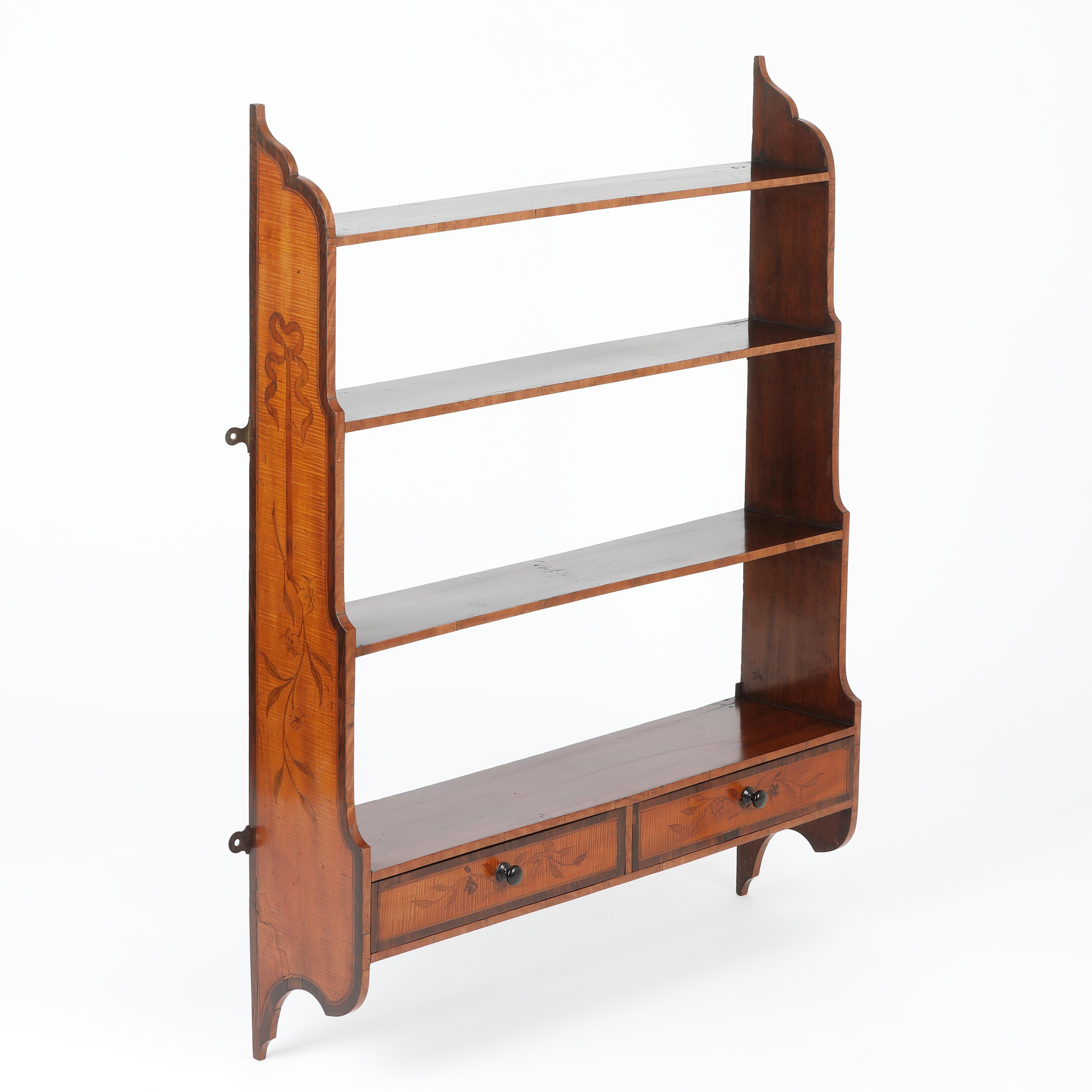 Sheraton Set of satinwood and mahogany hanging waterfall bookshelves For Sale