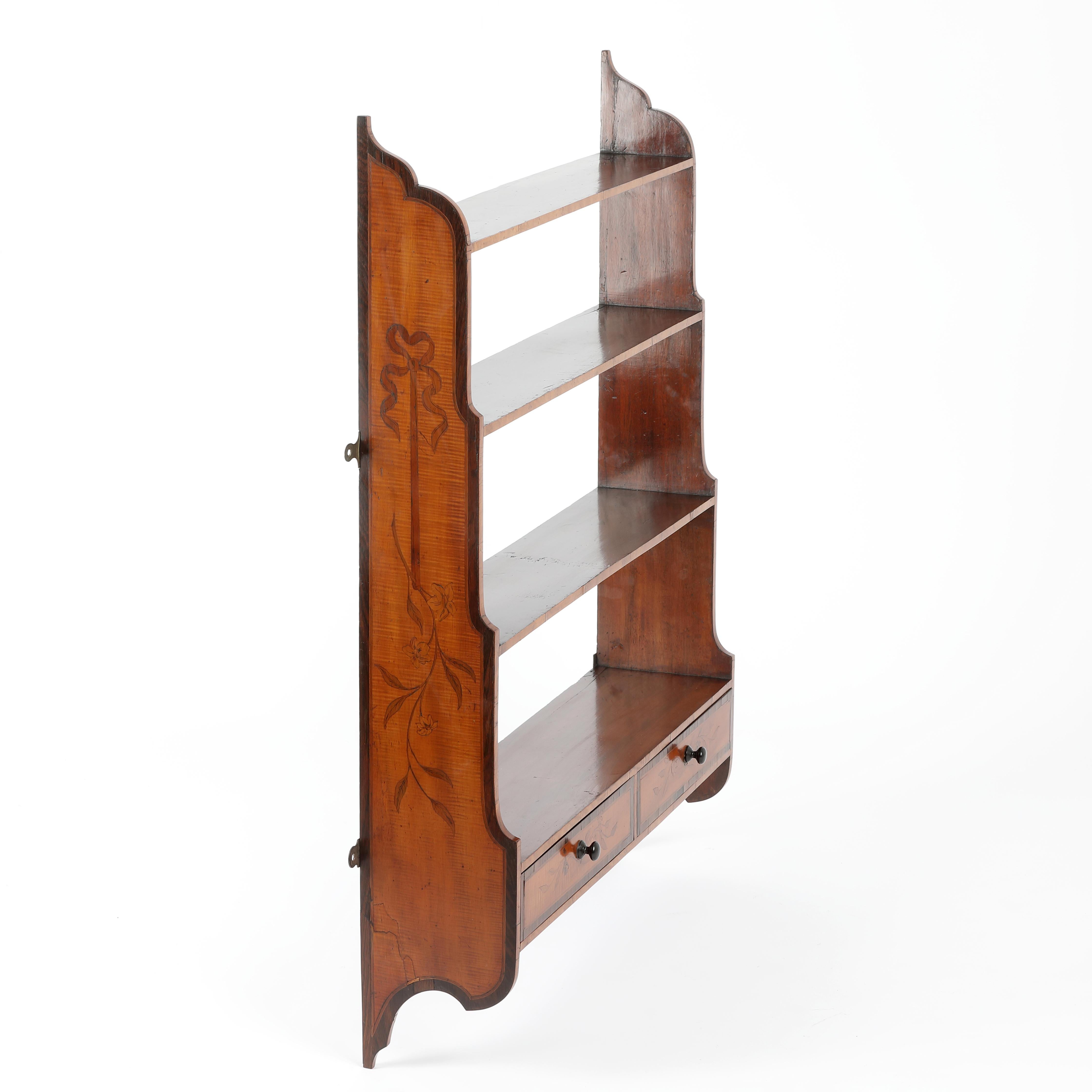 English Set of satinwood and mahogany hanging waterfall bookshelves For Sale