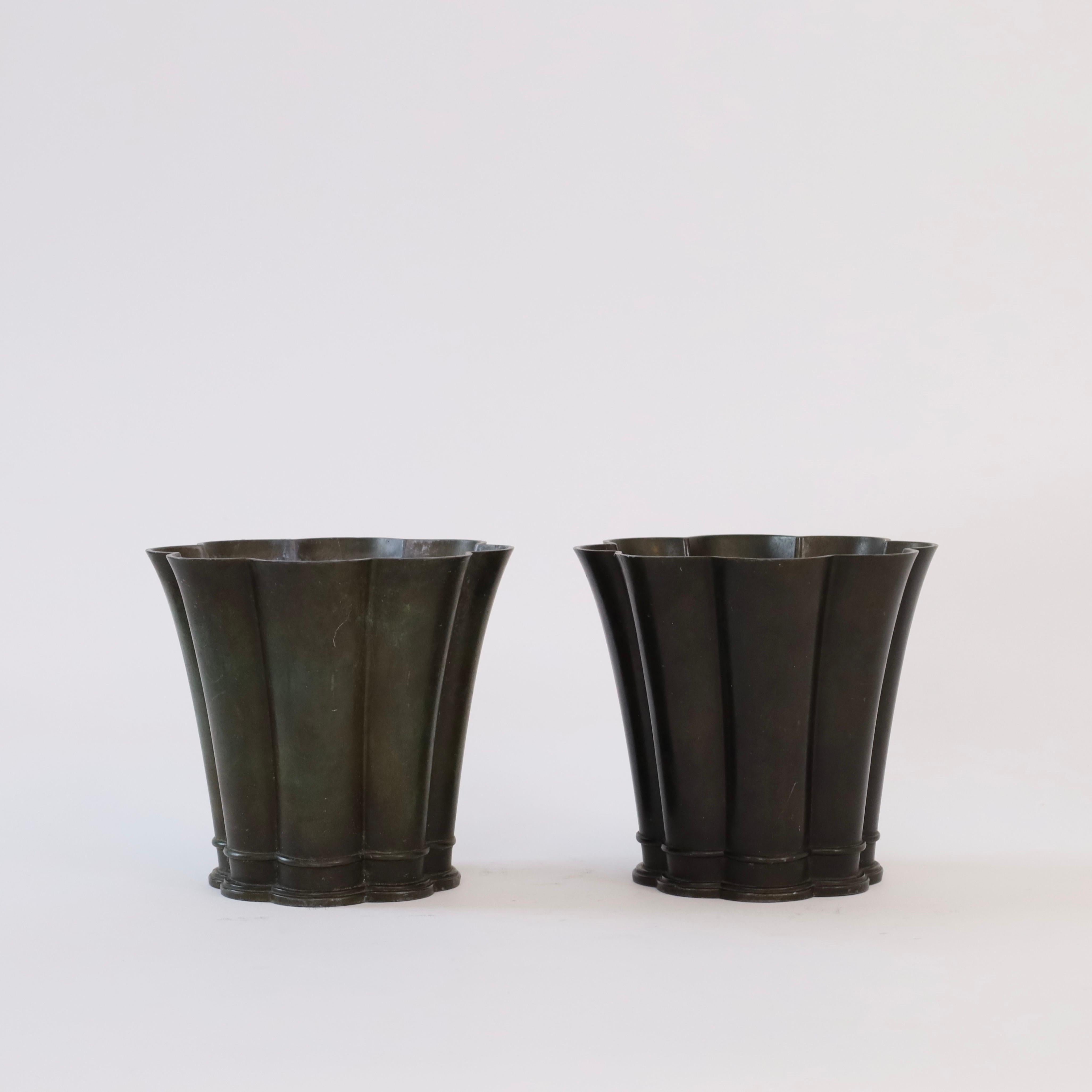 Metal Set of scalloped art deco vases by Just Andersen, 1940s, Denmark For Sale