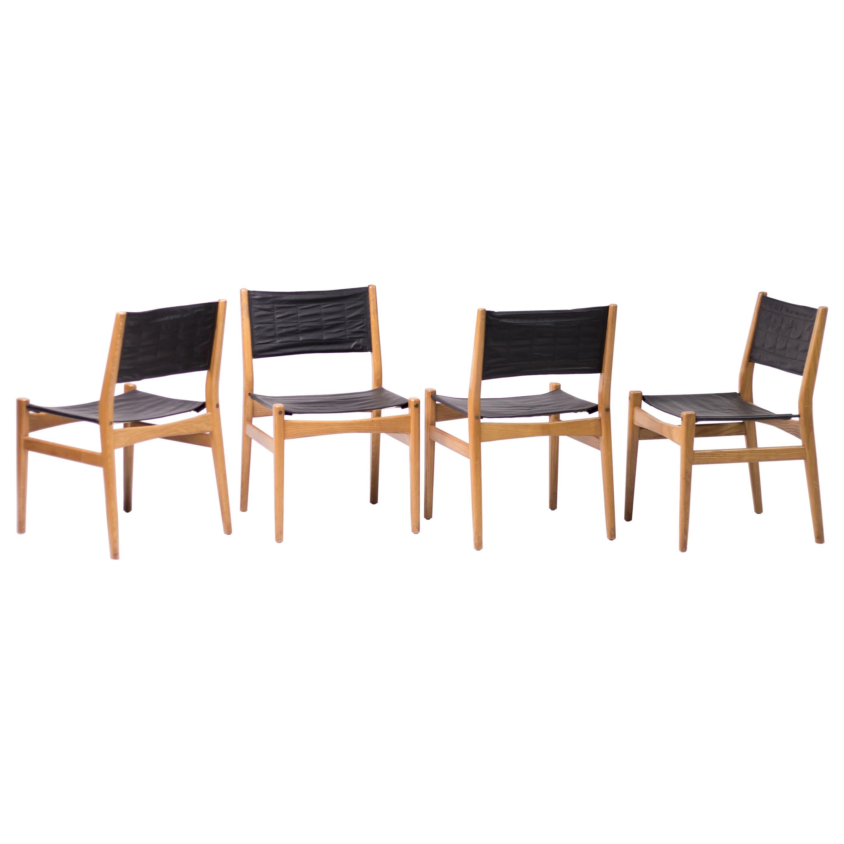 Set of Scandinavian Leather Sling Seat Dining Chairs