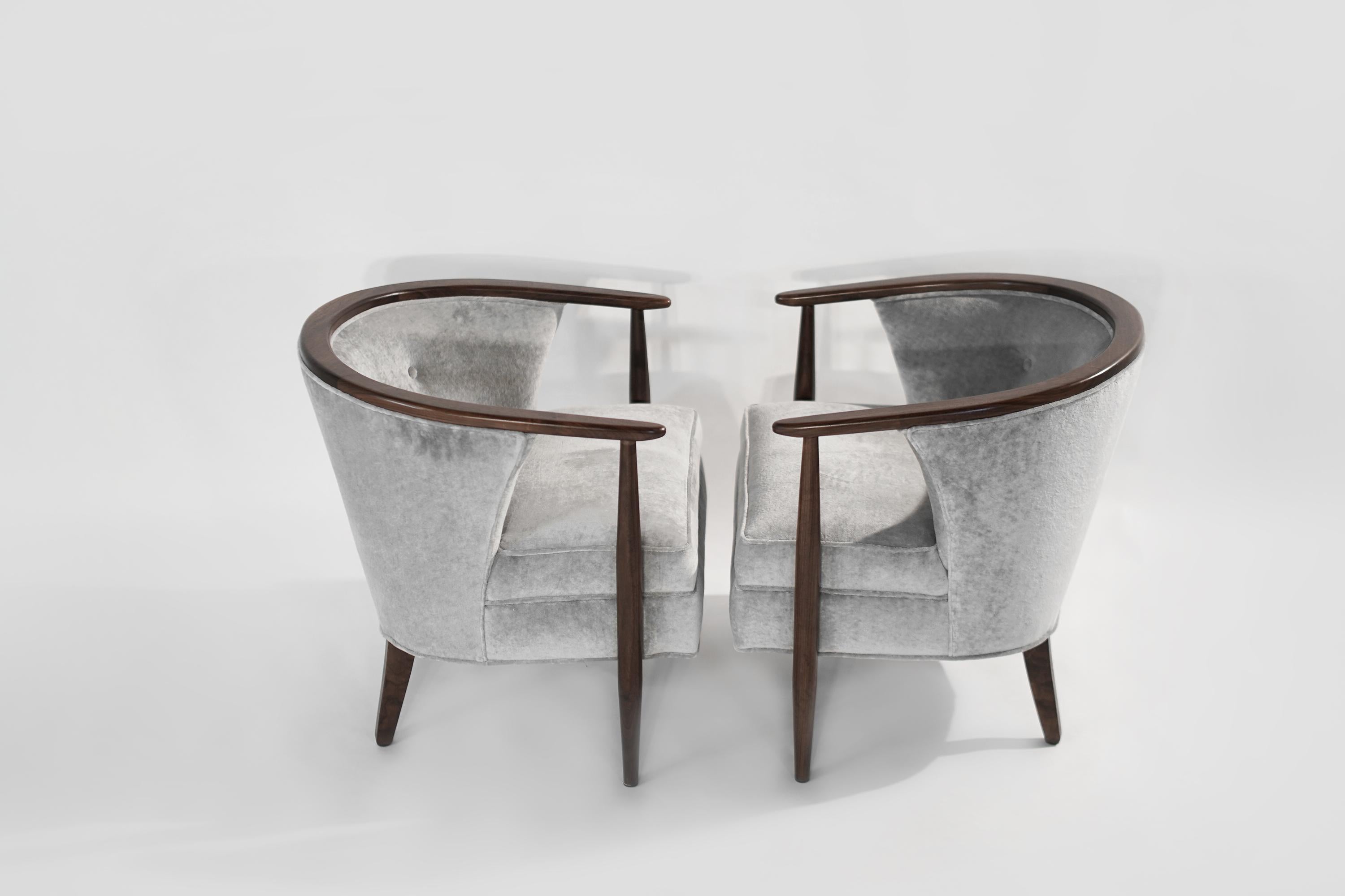 Pair of Scandinavian lounge chairs, newly upholstered in distressed grey linen velvet by Holly Hunt. Exposed walnut framework fully restored. 
Other designers of the period include, Finn Juhl, Kaare Klint, Hans Wegner, Gio Ponti, and Poul Kjaerholm.