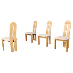 Set of Scandinavian Modern High Back Oak Dining Chairs with Teddy Upholstery