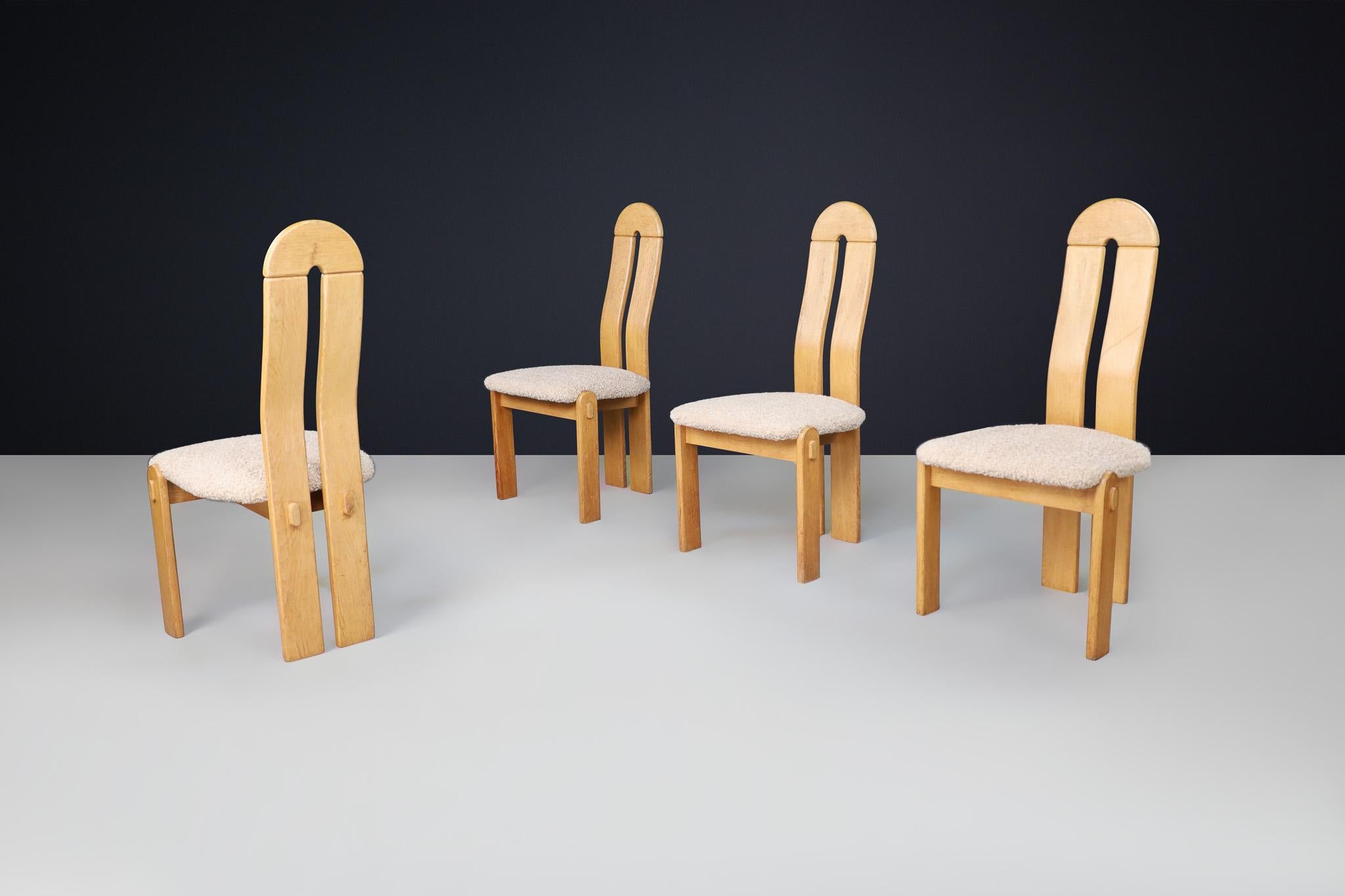 Mid-Century Modern Set of Scandinavian Modern High Back Oak Dining Chairs with Teddy Upholstery For Sale