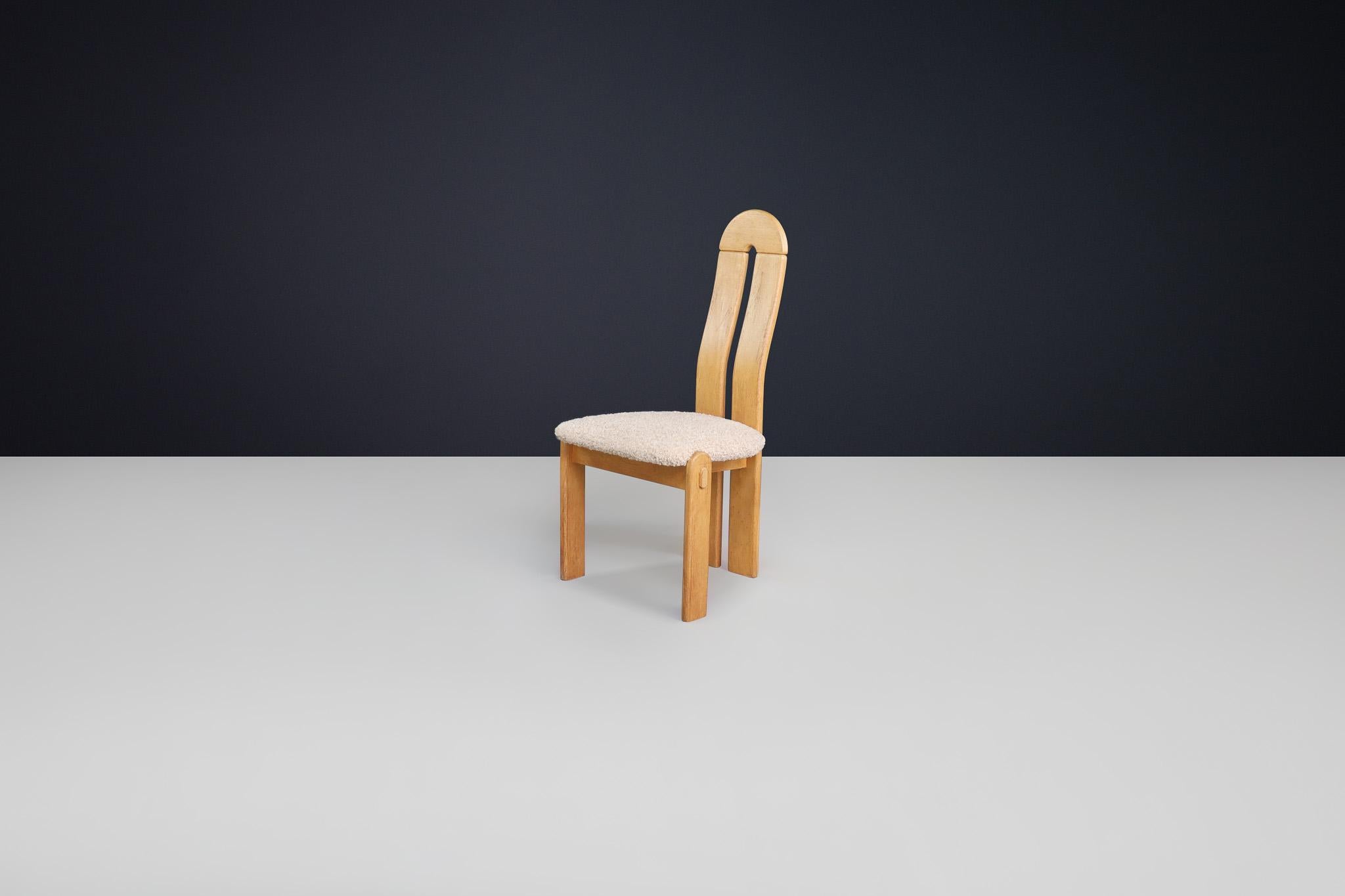 Set of Scandinavian Modern High Back Oak Dining Chairs with Teddy Upholstery For Sale 1