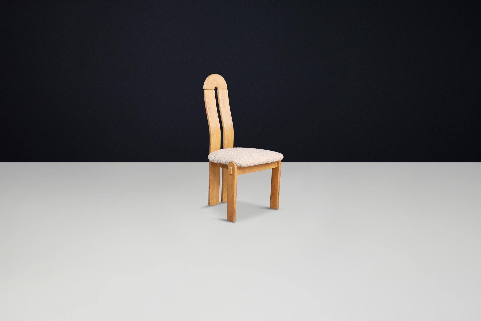 Set of Scandinavian Modern High Back Oak Dining Chairs with Teddy Upholstery For Sale 2